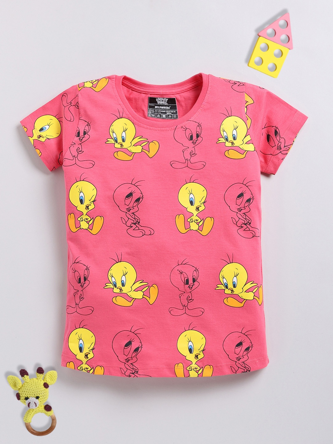 

YK X Minute Mirth Girls Looney Tunes Printed Pure Cotton T-shirt, Fuchsia