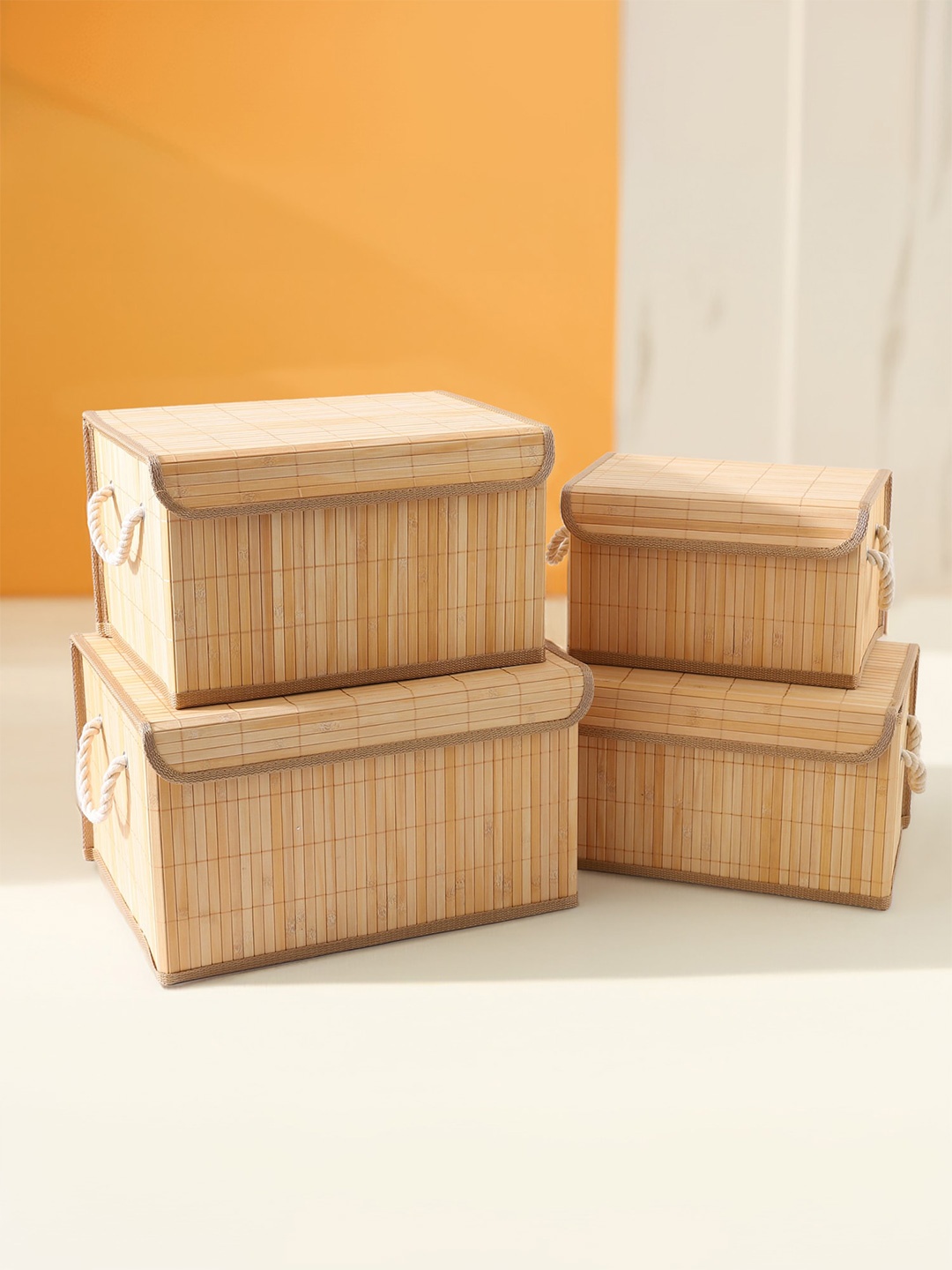 

Savya Home Brown & White 4 Pieces Bamboo Laundry Basket With Lid