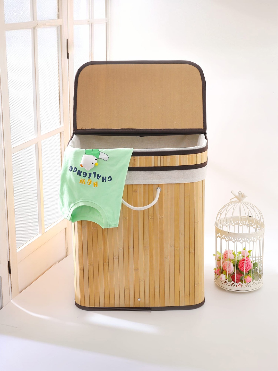 

Savya Home Brown & White Bamboo Laundry Basket With Lid- 90L