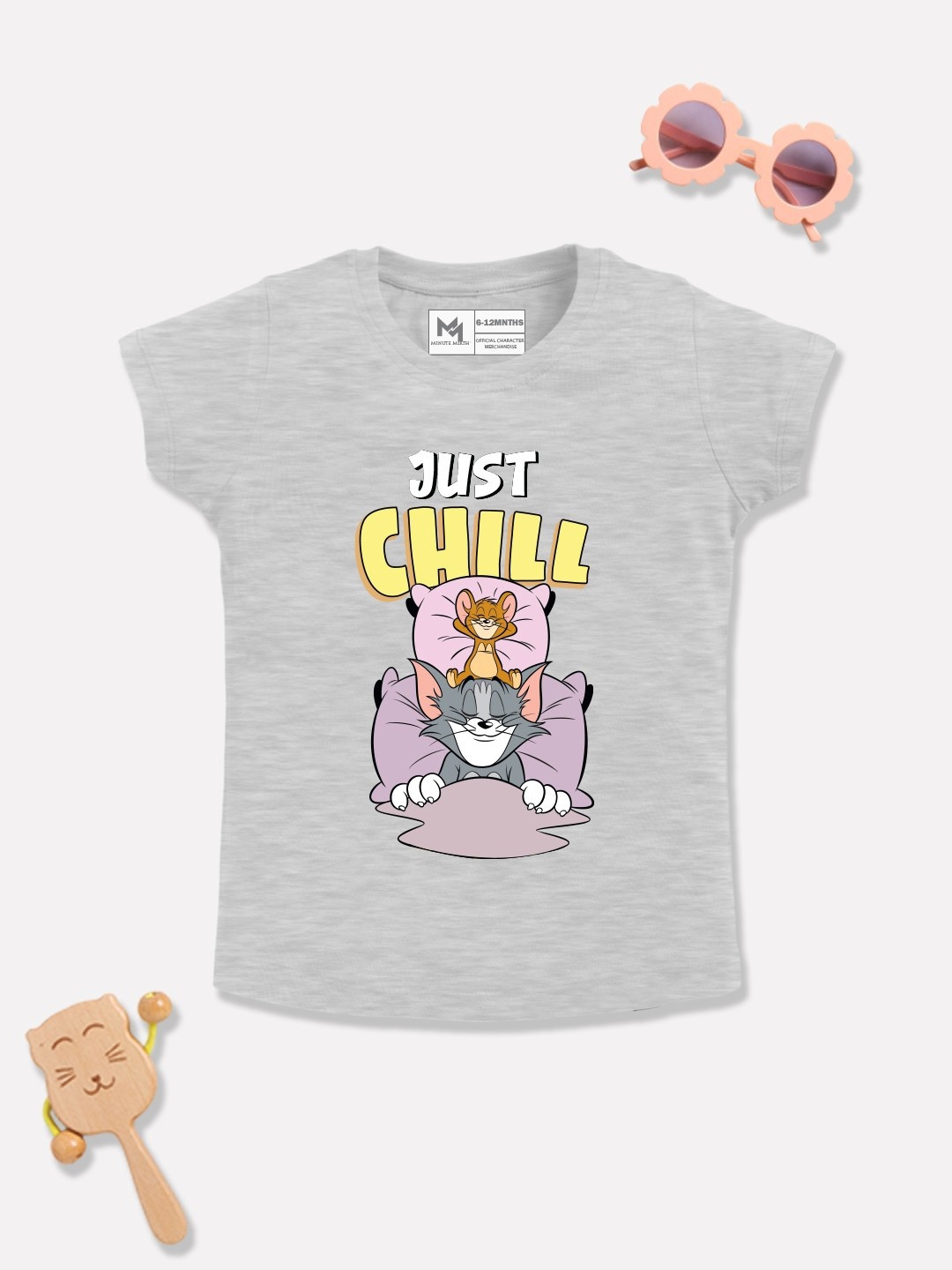 

YK X Minute Mirth Girls Tom & Jerry Printed Pure Cotton T-shirt, Grey melange