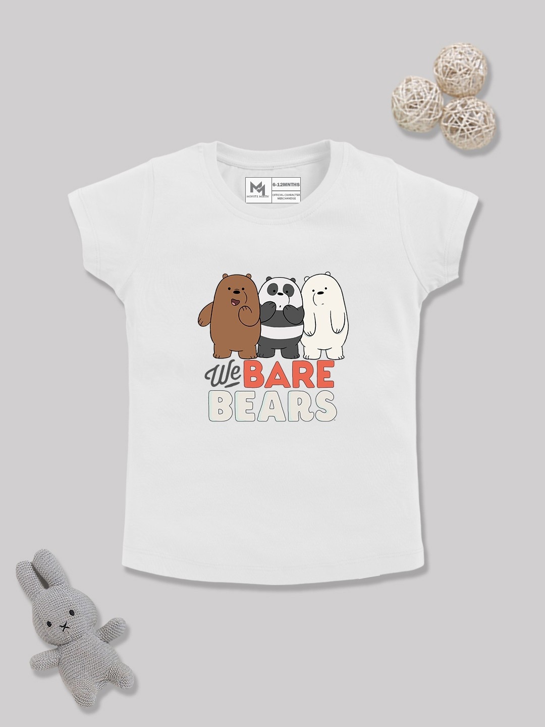 

YK X Minute Mirth Infant Girls We Bare Bears Printed Pure Cotton T-shirt, White