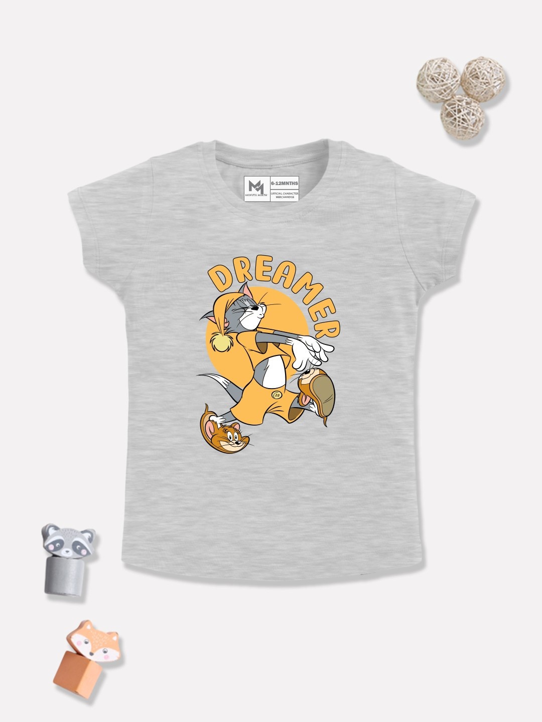 

YK X Minute Mirth Infant Girls Tom & Jerry Printed Pure Cotton T-shirt, Grey melange