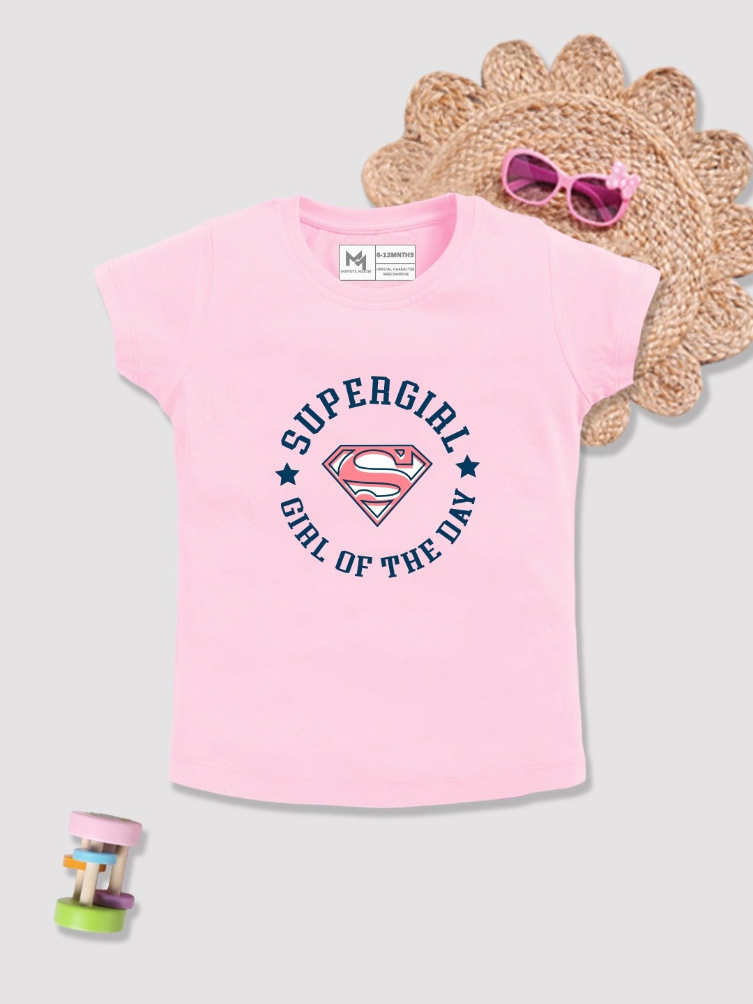 

YK X Minute Mirth Infant Girls Supergirl Printed Pure Cotton T-shirt, Pink