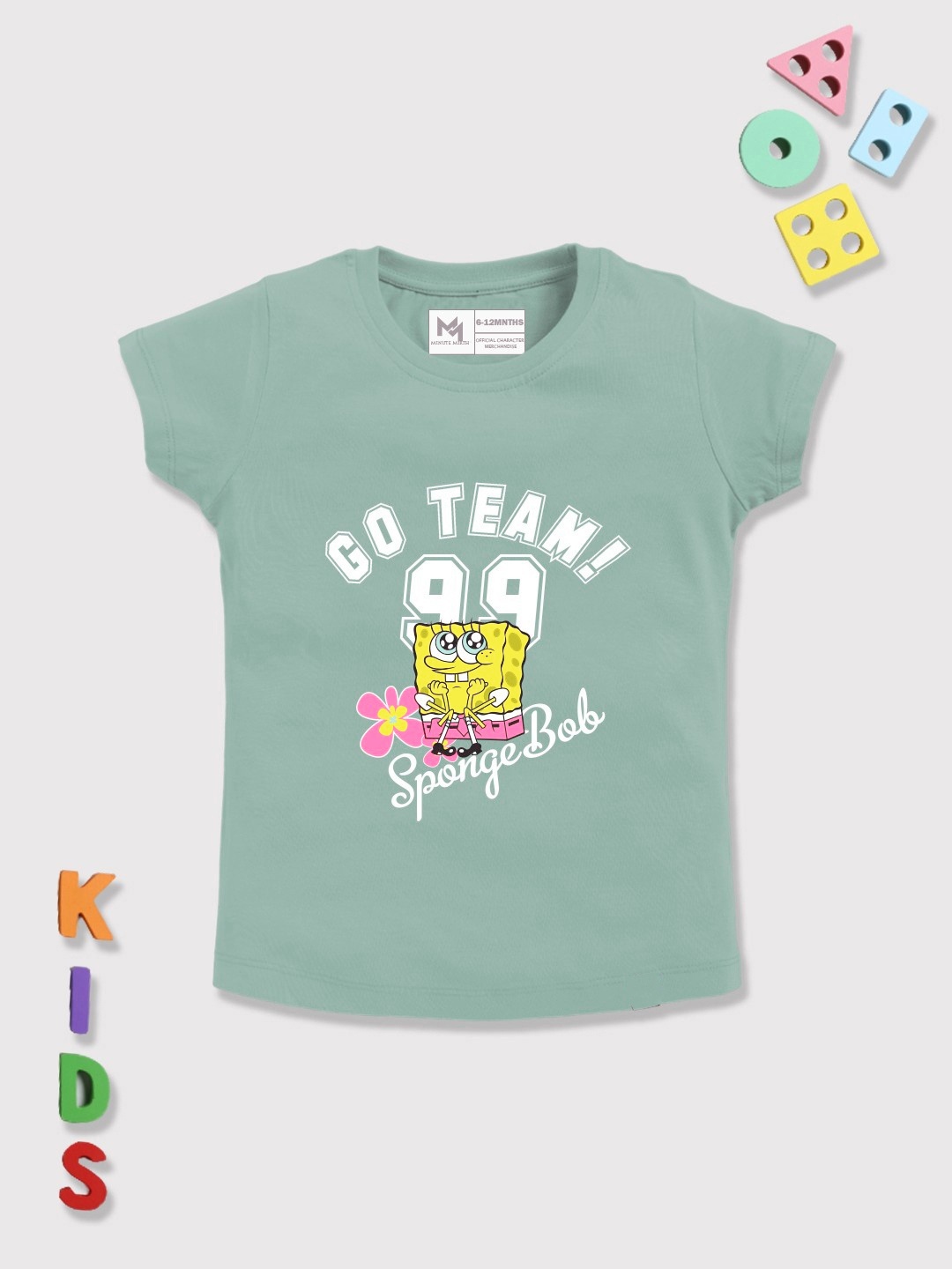 

YK X Minute Mirth Girls Spongebob Printed Pure Cotton T-shirt, Green