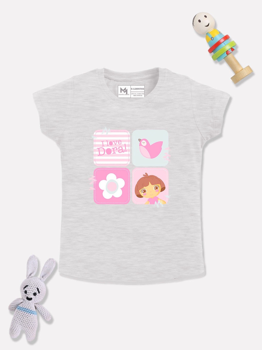 

YK X Minute Mirth Infant Girls Dora Printed Pure Cotton T-shirt, Grey melange