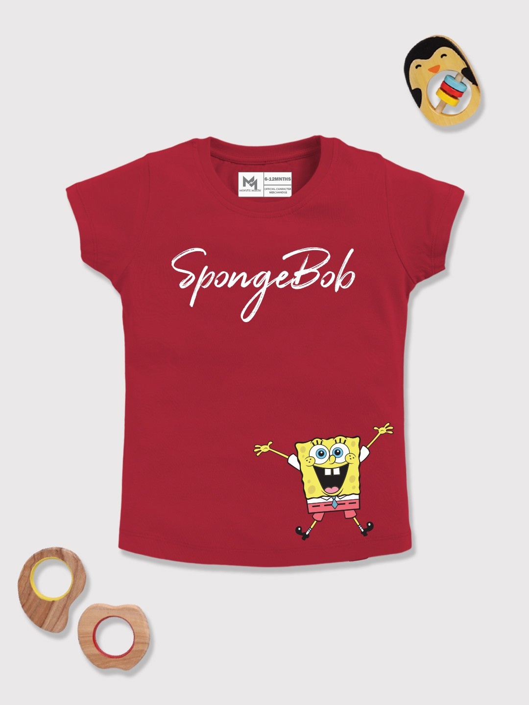 

YK X Minute Mirth Infant Girls Spongebob Printed Pure Cotton T-shirt, Maroon