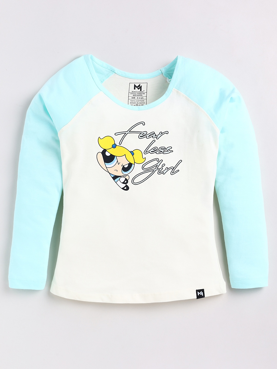 

YK X Minute Mirth Power Puff Print Raglan Sleeves Cotton Top, Turquoise blue