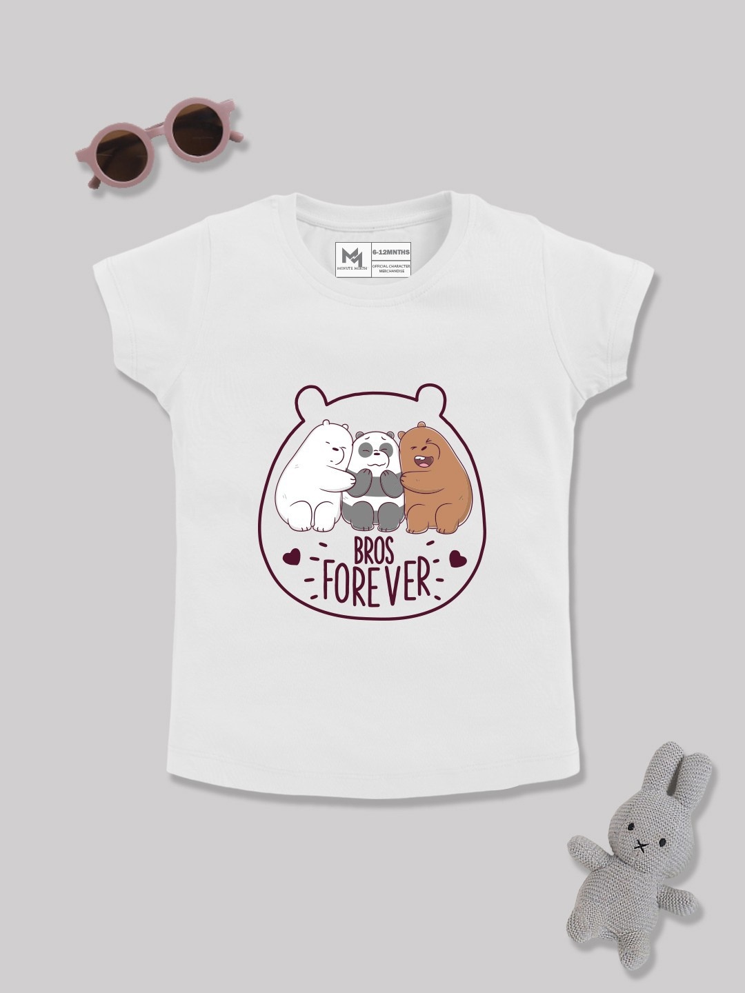 

YK X Minute Mirth Infant Girls We Bare Bears Printed Pure Cotton T-shirt, White