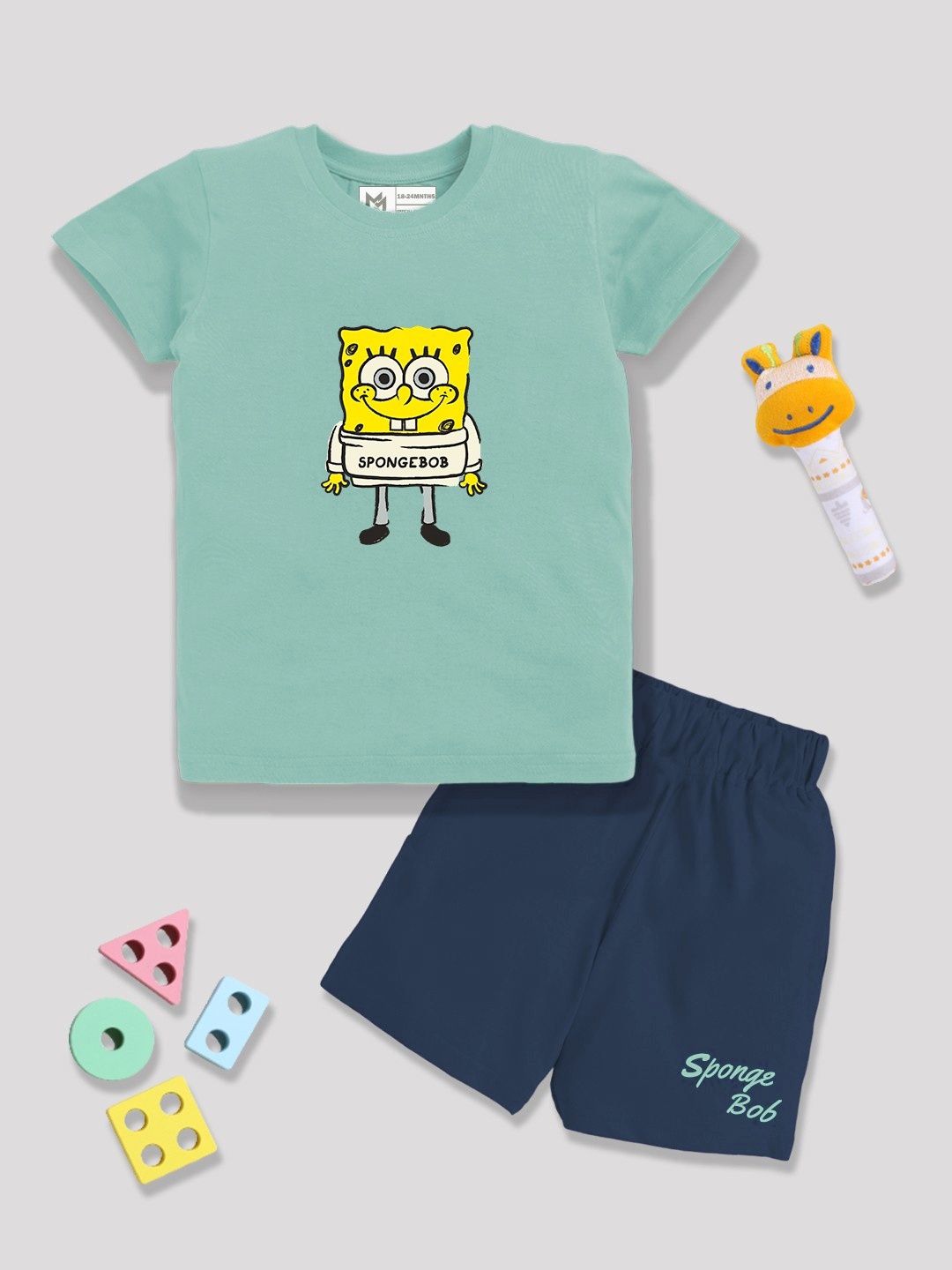 

YK X Minute Mirth Boys Spongebob Printed Pure Cotton T-shirt with Shorts, Green