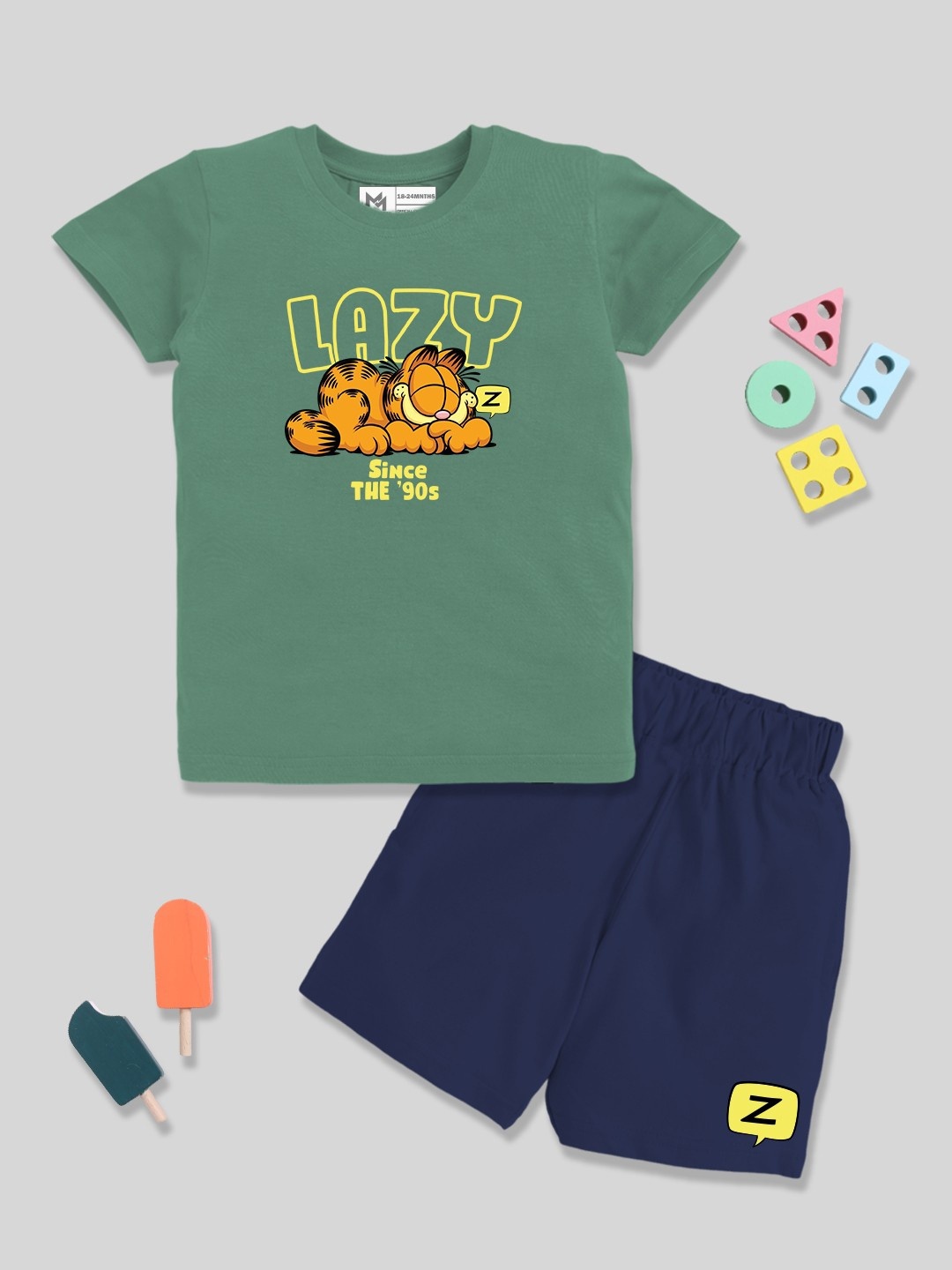 

YK X Minute Mirth Boys Garfield Printed Pure Cotton T-shirt with Shorts, Olive