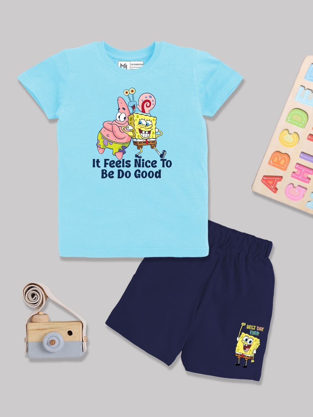 

YK X Minute Mirth Boys Spongebob Printed Pure Cotton T-shirt with Shorts, Blue
