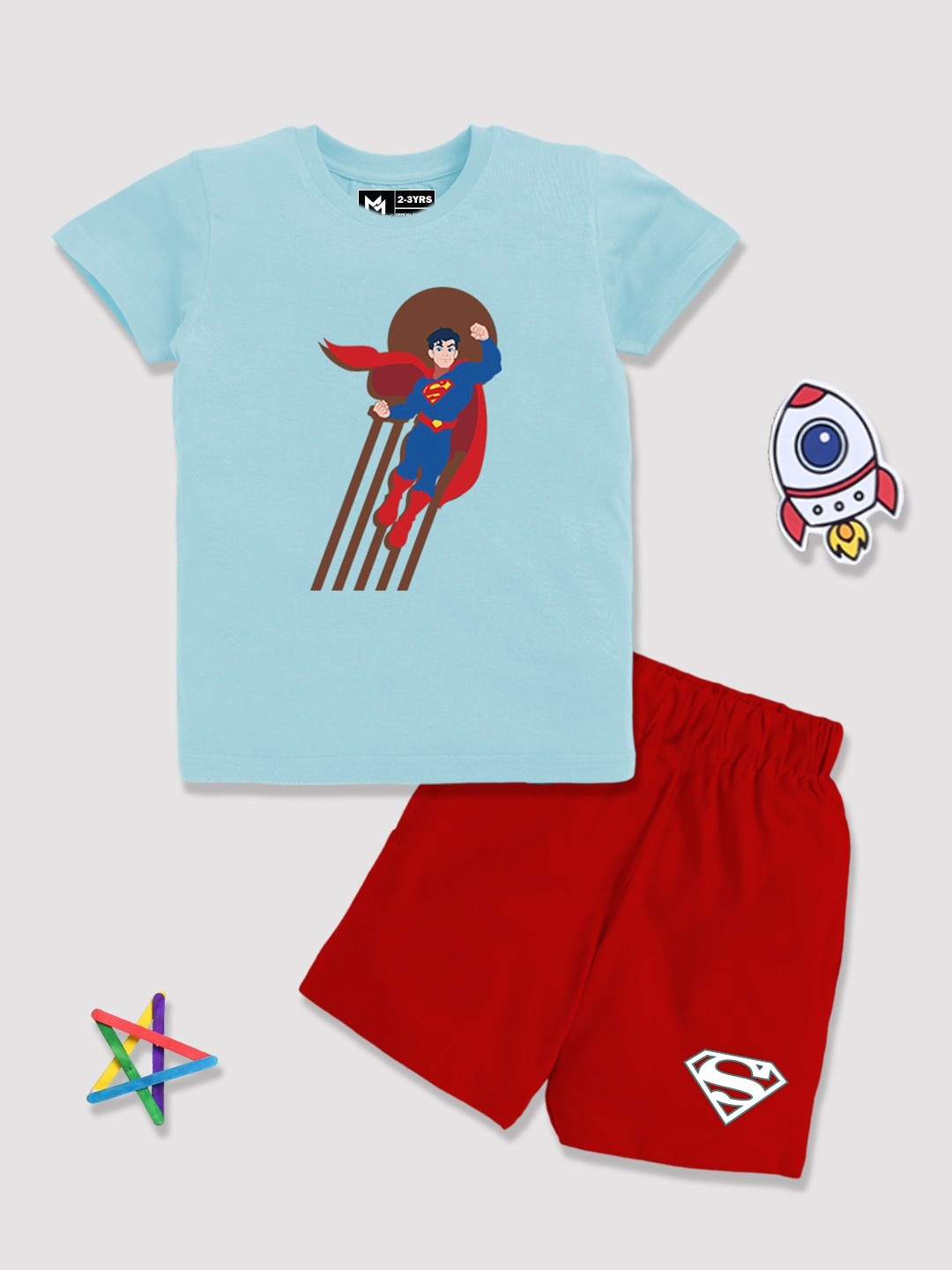 

YK X Minute Mirth Boys Superman Printed Pure Cotton T-shirt with Shorts, Blue