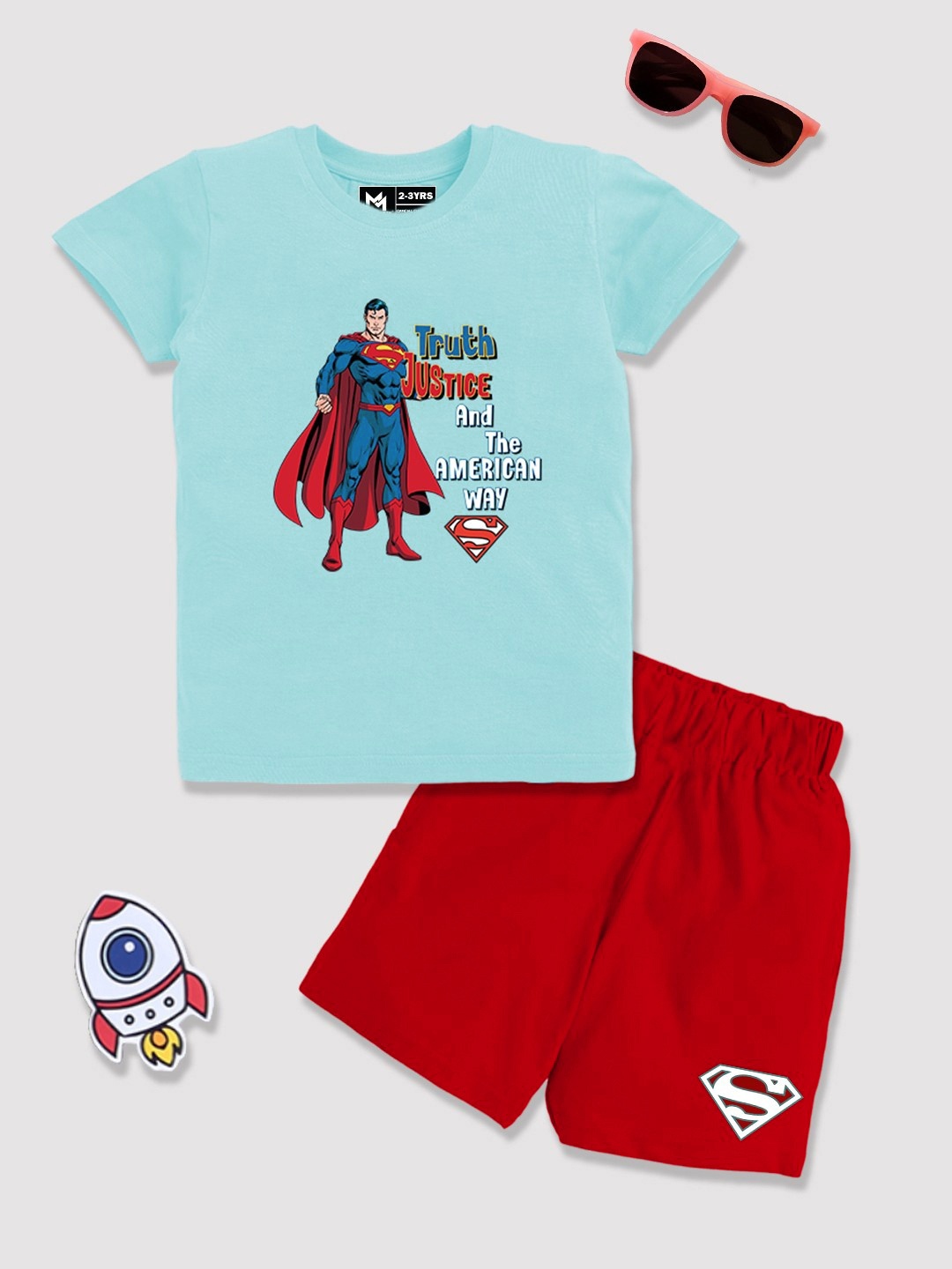 

YK X Minute Mirth Boys Superman Printed Pure Cotton T-shirt with Shorts, Blue