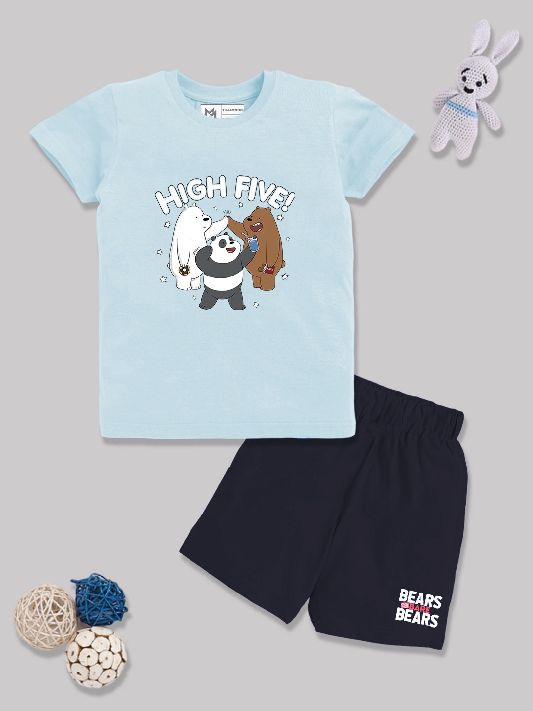 

YK X Minute Mirth Boys Bears Printed Pure Cotton T-shirt with Shorts, Blue