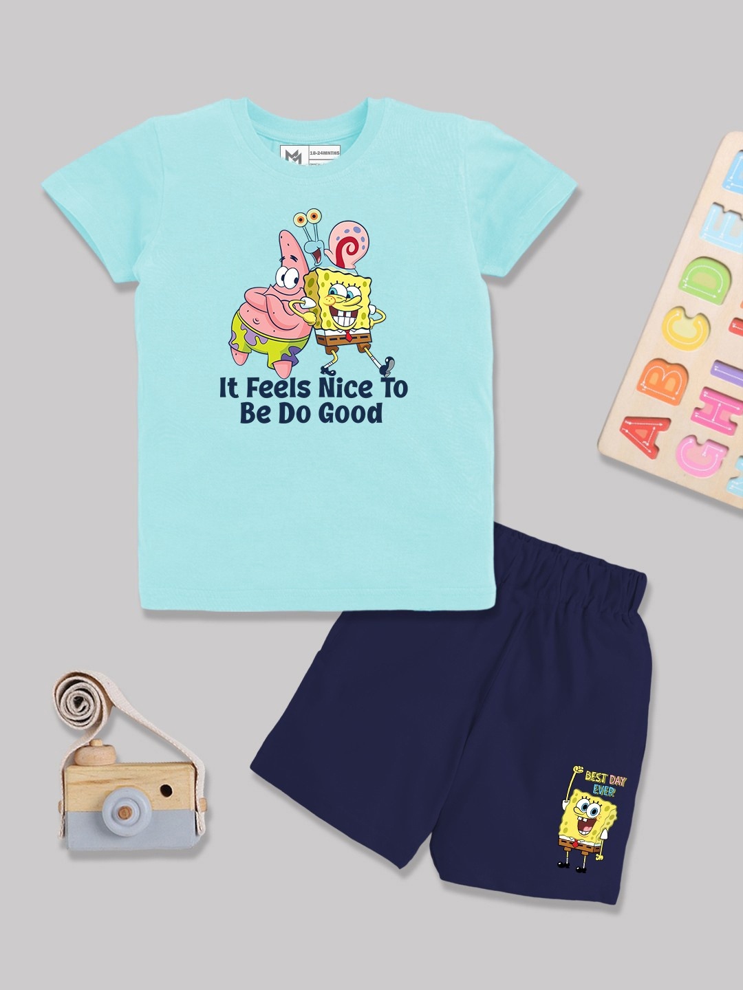 

YK X Minute Mirth Infant Boys Spongebob Printed Pure Cotton T-shirt with Shorts, Turquoise blue
