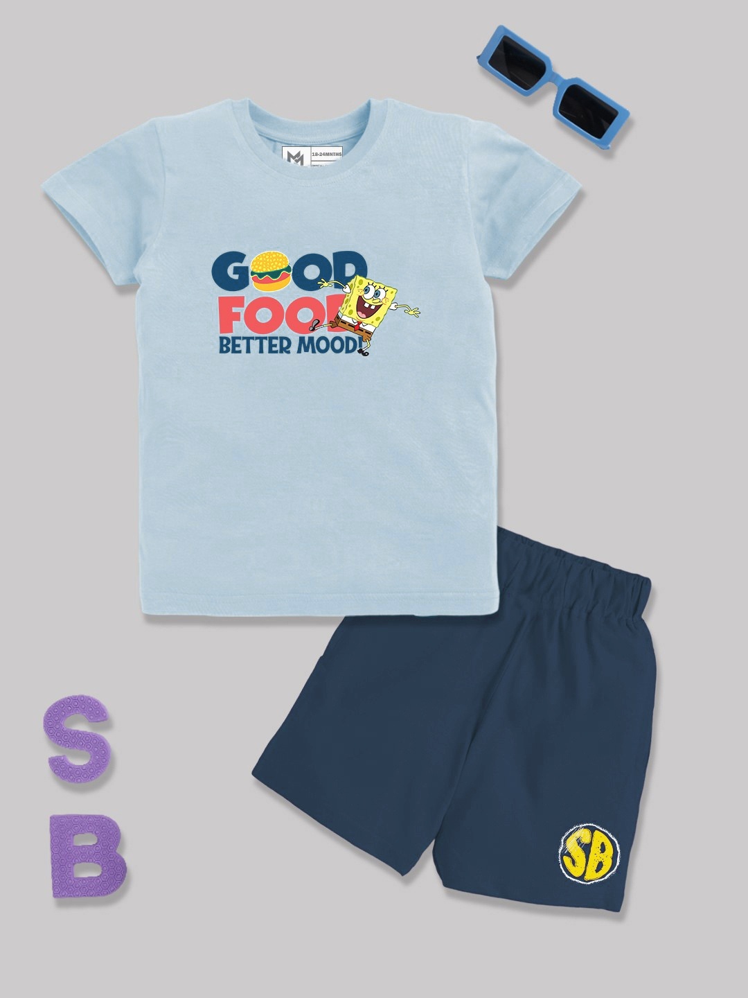 

YK X Minute Mirth Infant Boys Spongebob Printed Pure Cotton T-shirt with Shorts, Blue