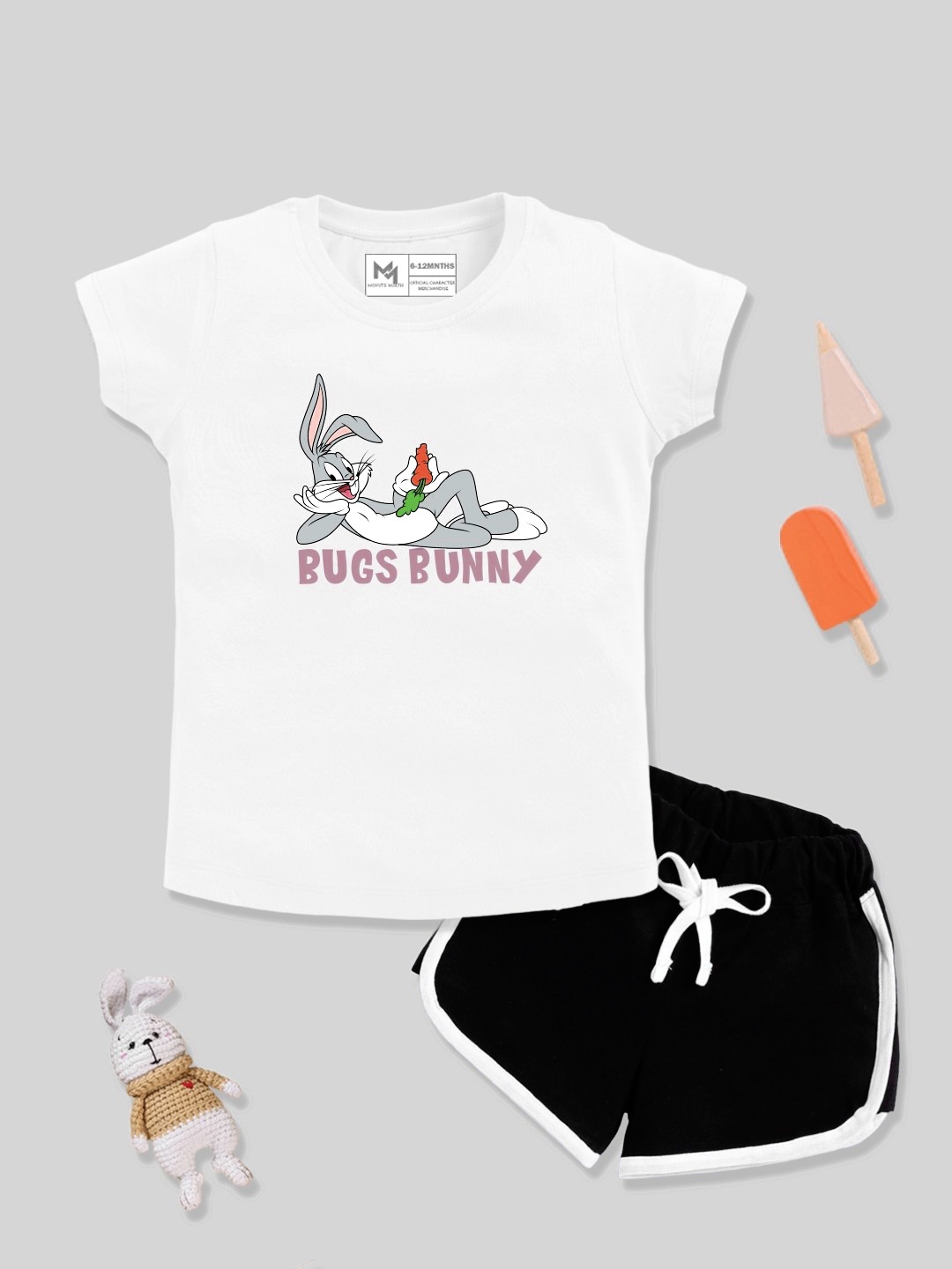 

YK X Minute Mirth Infant Girls Bugs Bunny Printed T-shirt with Shorts, White