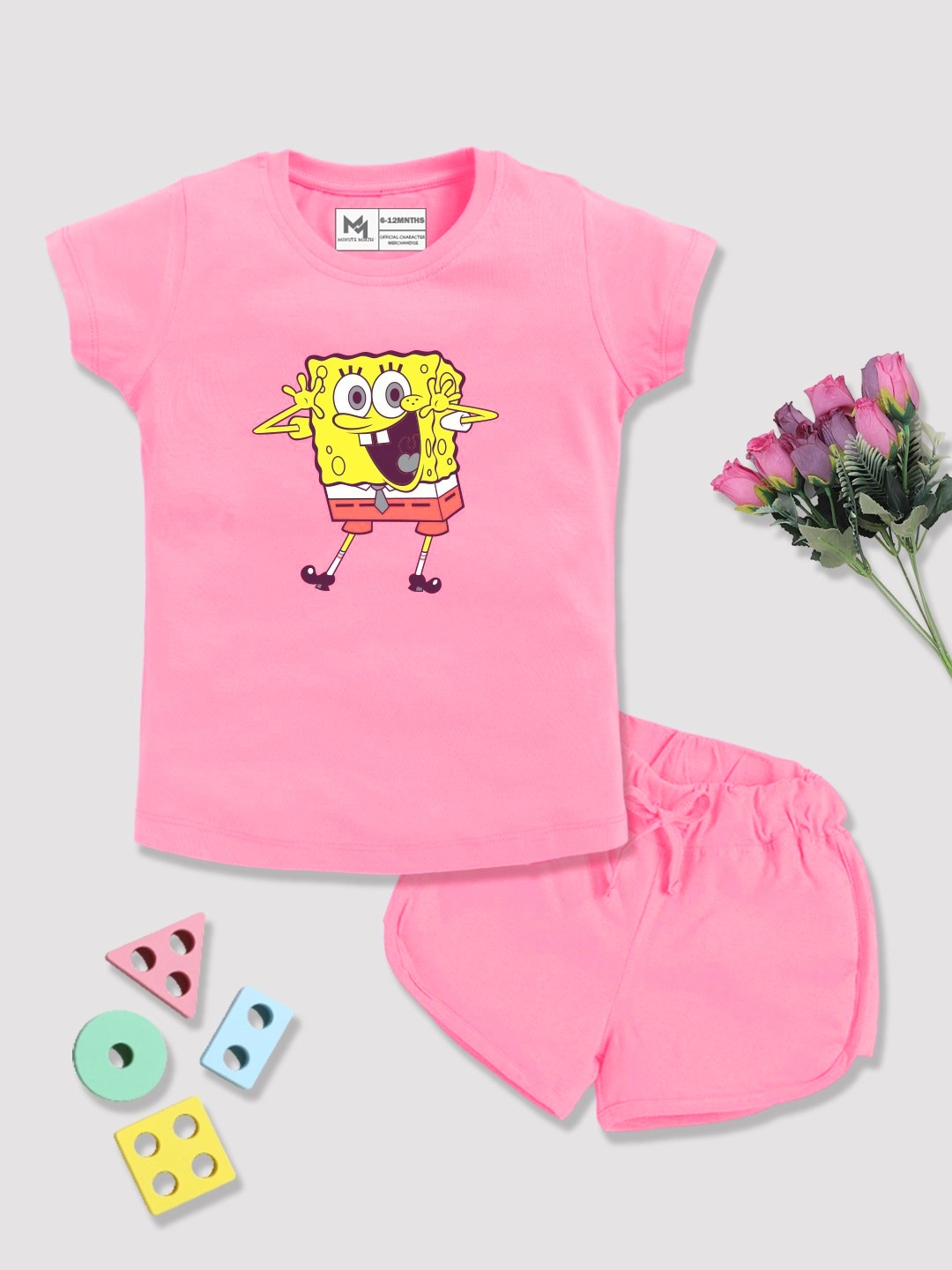 

YK X Minute Mirth Infant Girls Spongebob Printed Pure Cotton T-shirt with Shorts, Pink