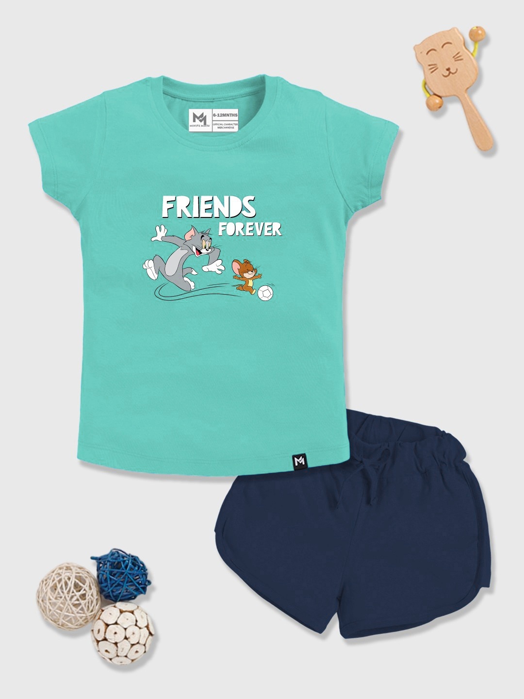 

YK X Minute Mirth Infant Girls Tom & Jerry Printed Pure Cotton Top with Shorts, Sea green