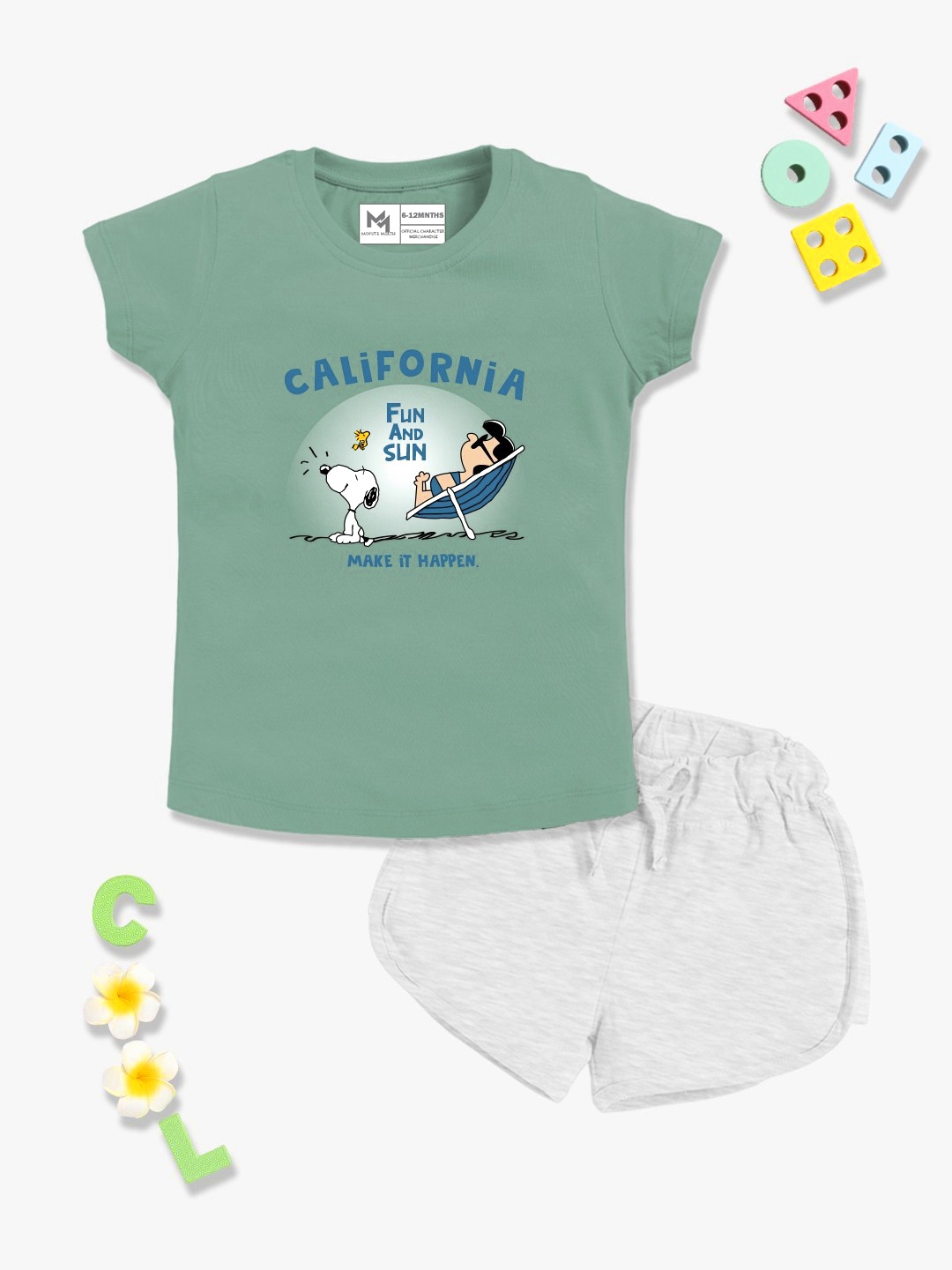 

YK X Minute Mirth Girls Peanuts Printed Pure Cotton T-shirt with Shorts, Green