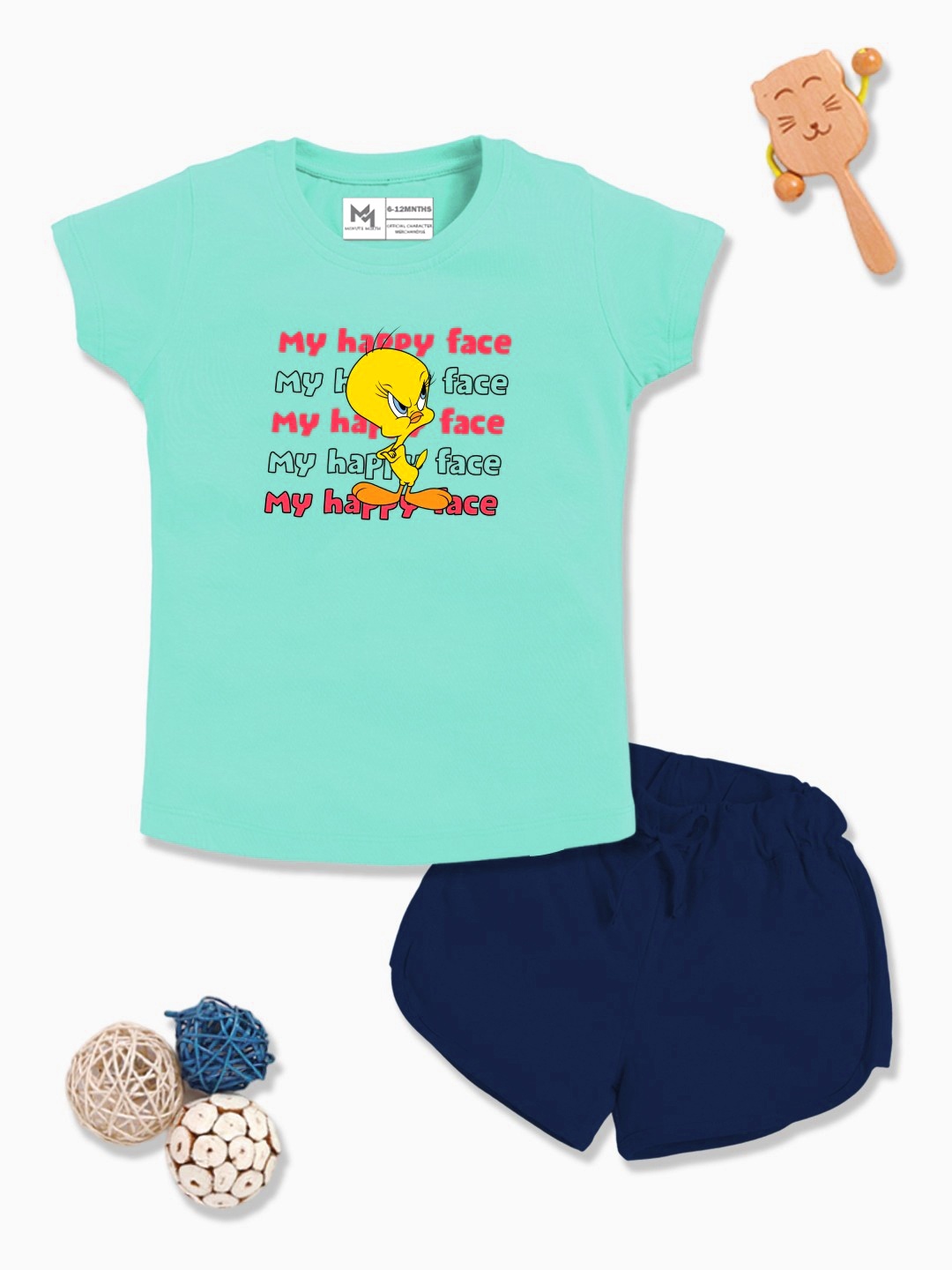 

YK X Minute Mirth Infant Girls Tweety Printed Pure Cotton T-shirt with Shorts, Green