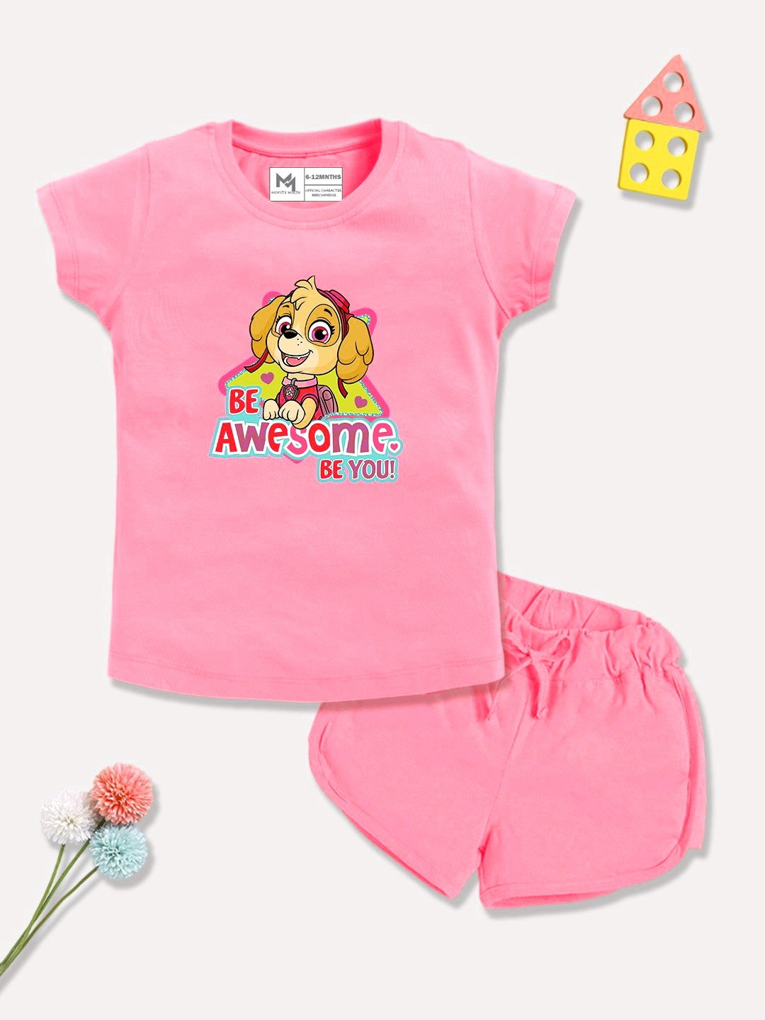 

YK X Minute Mirth Girls Pure Cotton Paw Patrol Printed T-shirt with Shorts, Pink