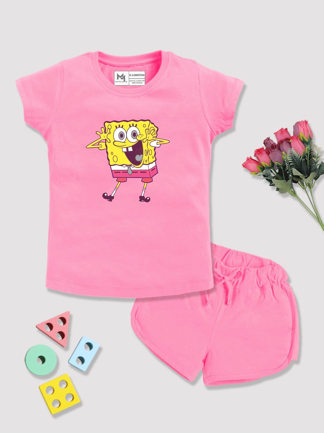 

YK X Minute Mirth Girls Spongebob Printed Pure Cotton T-shirt with Shorts, Pink