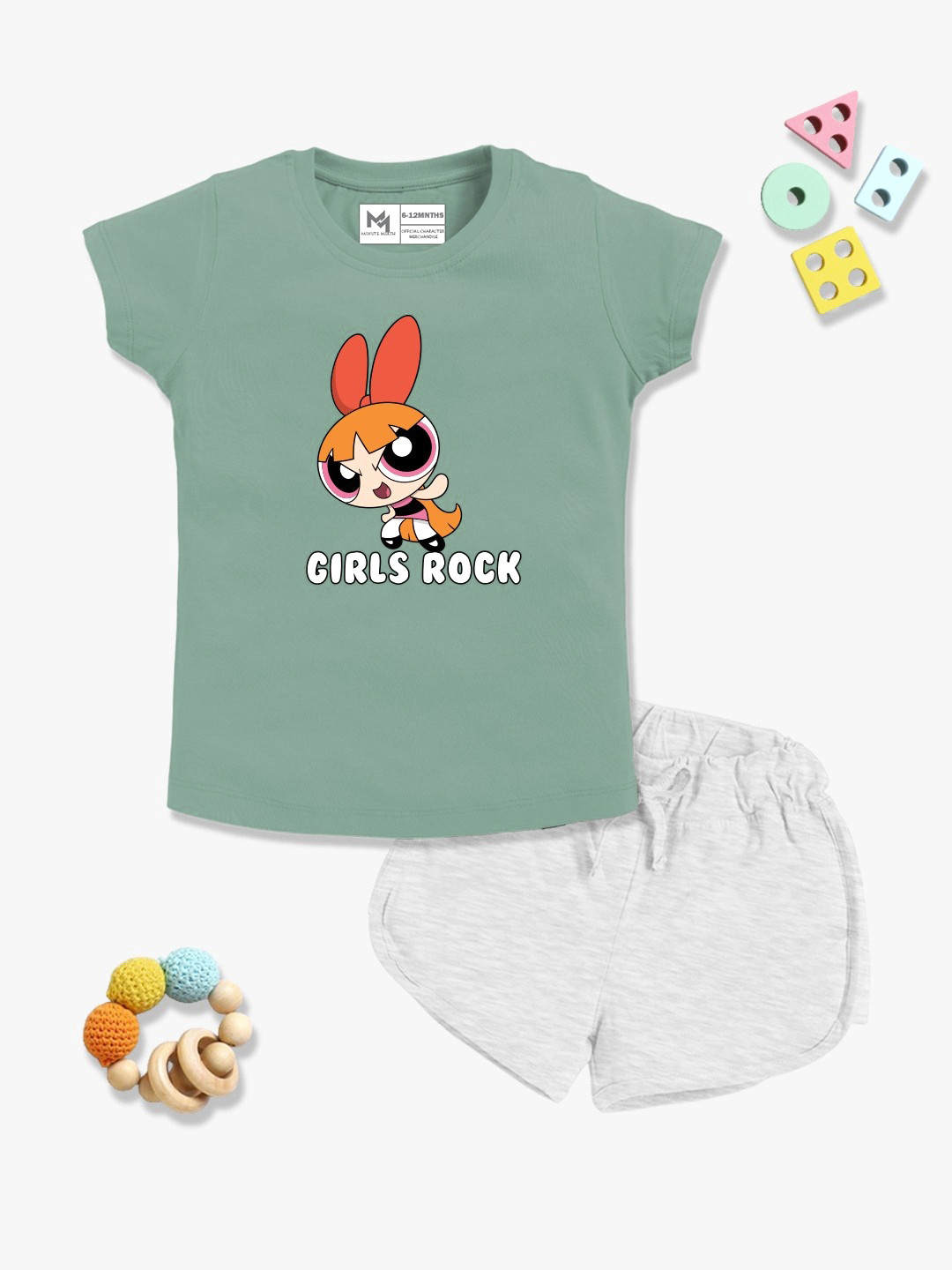 

YK X Minute Mirth Powerpuff Girls Printed Pure Cotton T-shirt with Shorts, Green