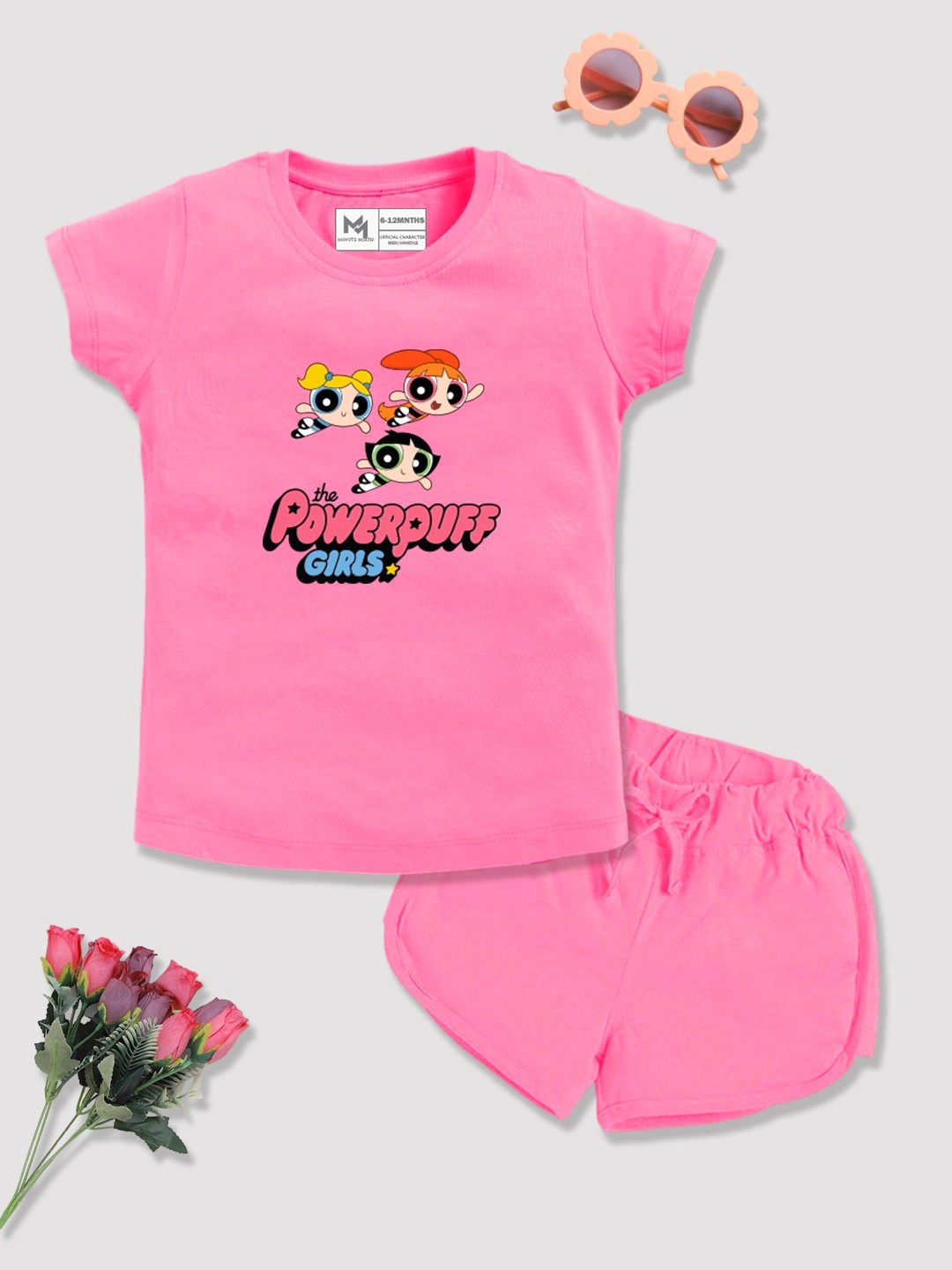 

YK X Minute Mirth Girls Powerpuff Girls Printed Pure Cotton T-shirt with Shorts, Pink
