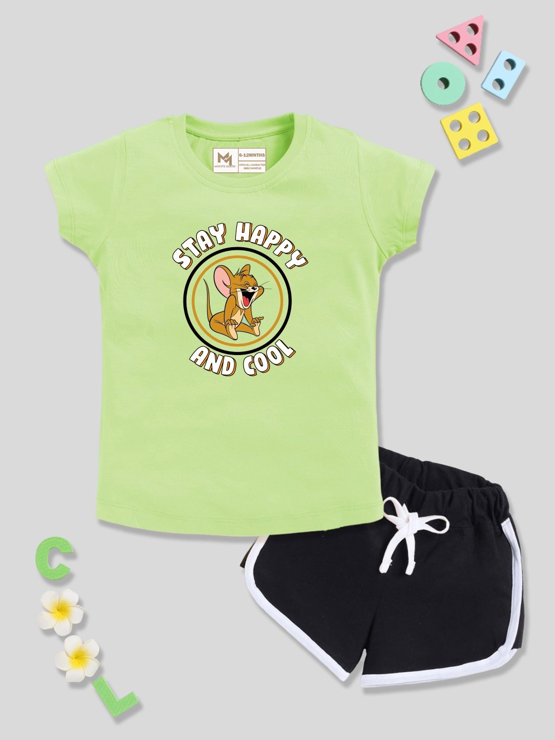 

YK X Minute Mirth Girls Tom & Jerry Printed Pure Cotton T-shirt with Shorts, Green