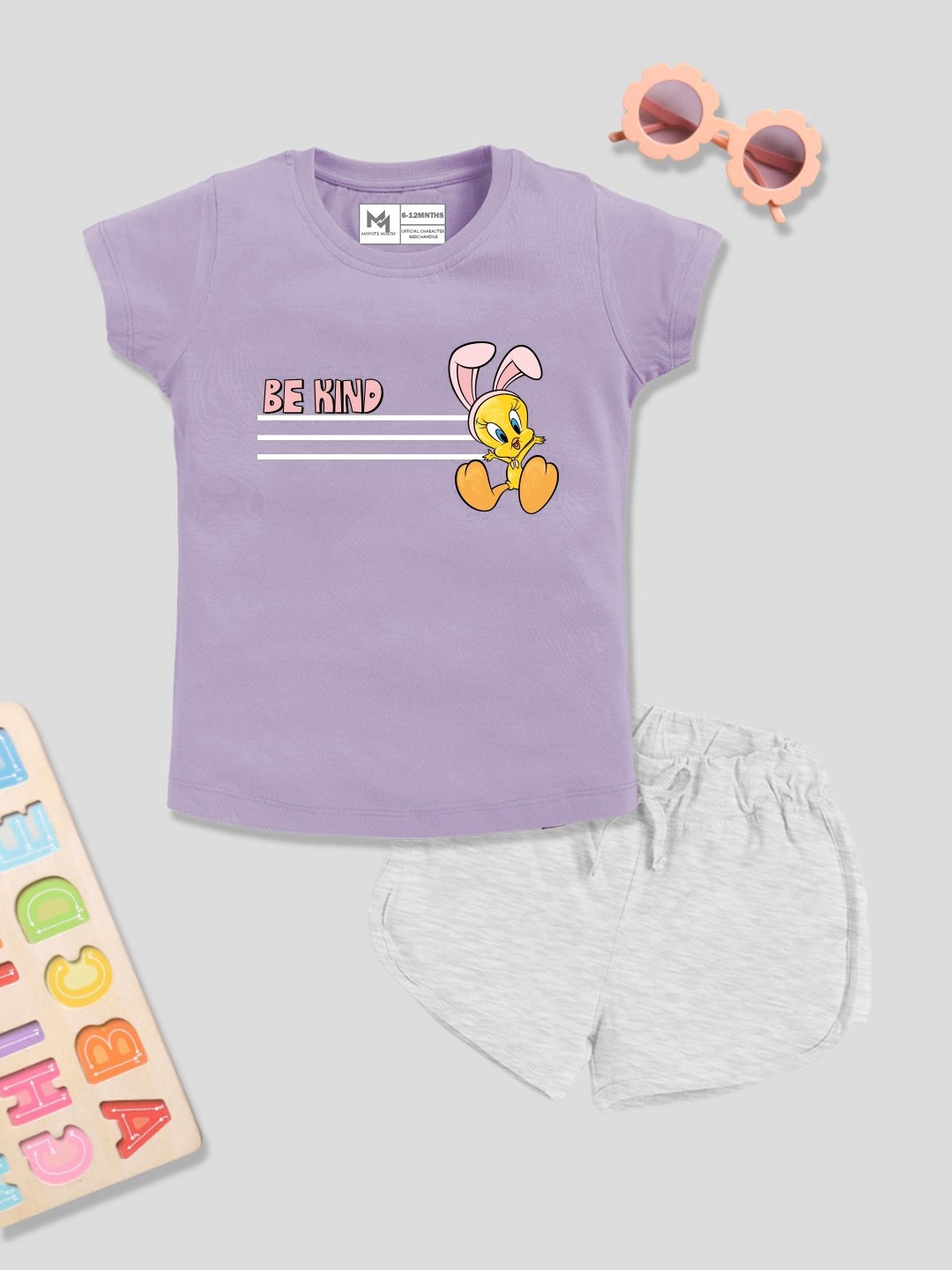 

YK X Minute Mirth Girls Tweety Printed Pure Cotton T-shirt with Shorts, Purple