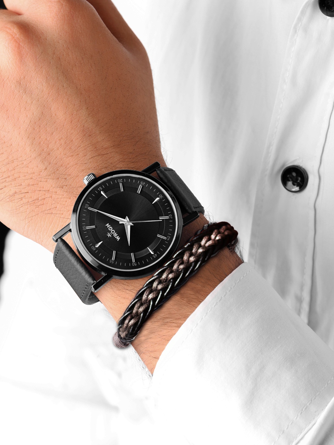 

WROGN Men Dial & Leather Bracelet Style Straps Analogue Watch WRNWJ24 Set-02, Black