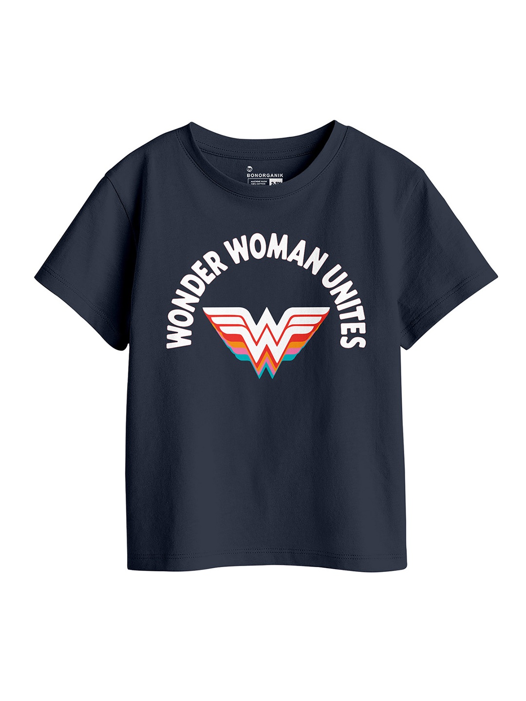 

BonOrganik Girls Cotton Graphic Printed T-shirt, Navy blue