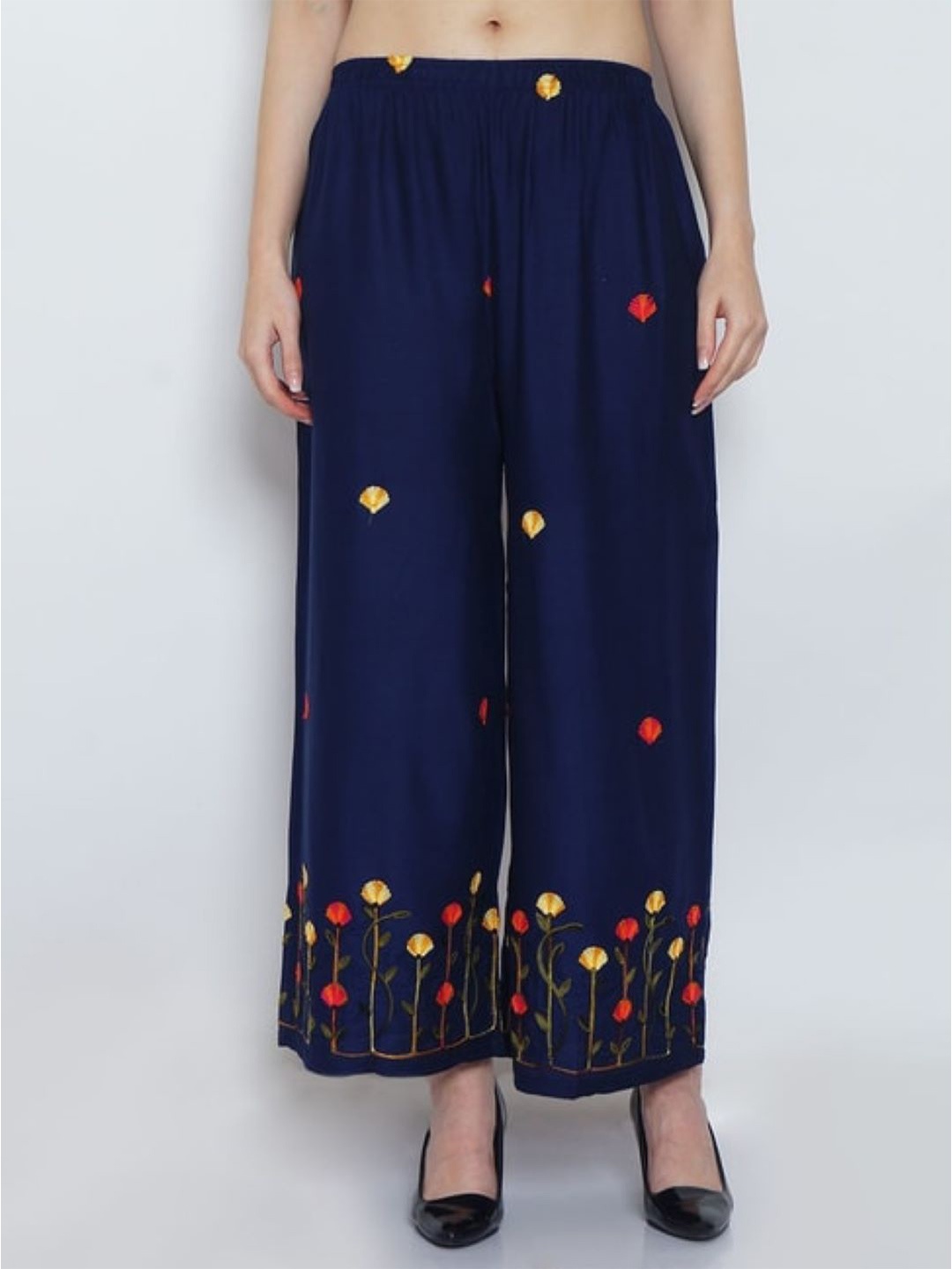 

Aartej Women Floral Embroidered Flared Knitted Ethnic Palazzos, Navy blue
