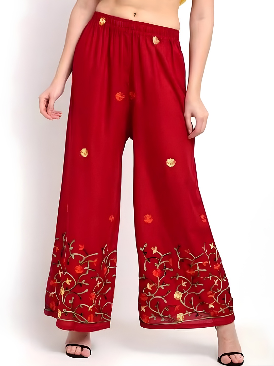 

Aartej Women Floral Embroidered Flared Knitted Ethnic Palazzos, Red