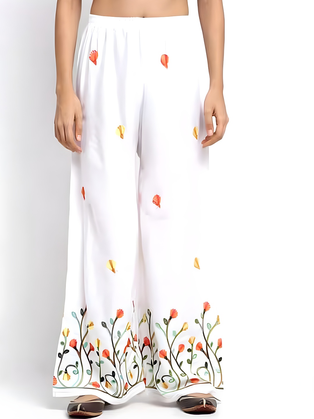 

Aartej Women Floral Embroidered Flared Knitted Ethnic Palazzos, White