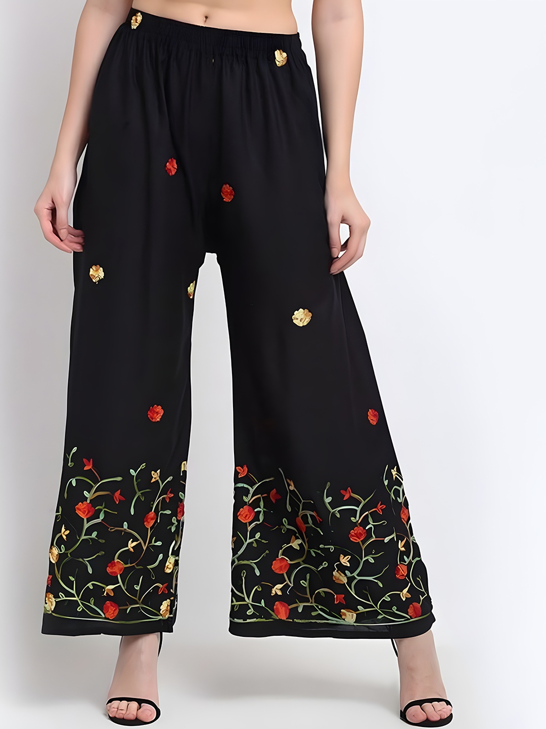 

Aartej Women Floral Embroidered Wide Leg Ethnic Palazzos, Black