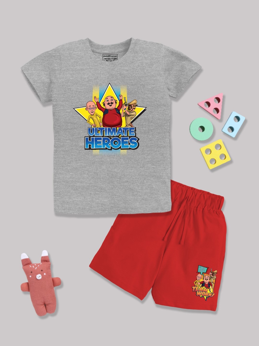 

YK X Minute Mirth Boys Motu Patlu Printed Pure Cotton T-shirt with Shorts, Grey melange
