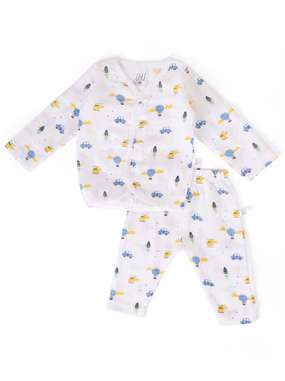 

Dear Little Kids Printed V-Neck Pure Cotton Jhabla With Pyjamas, White