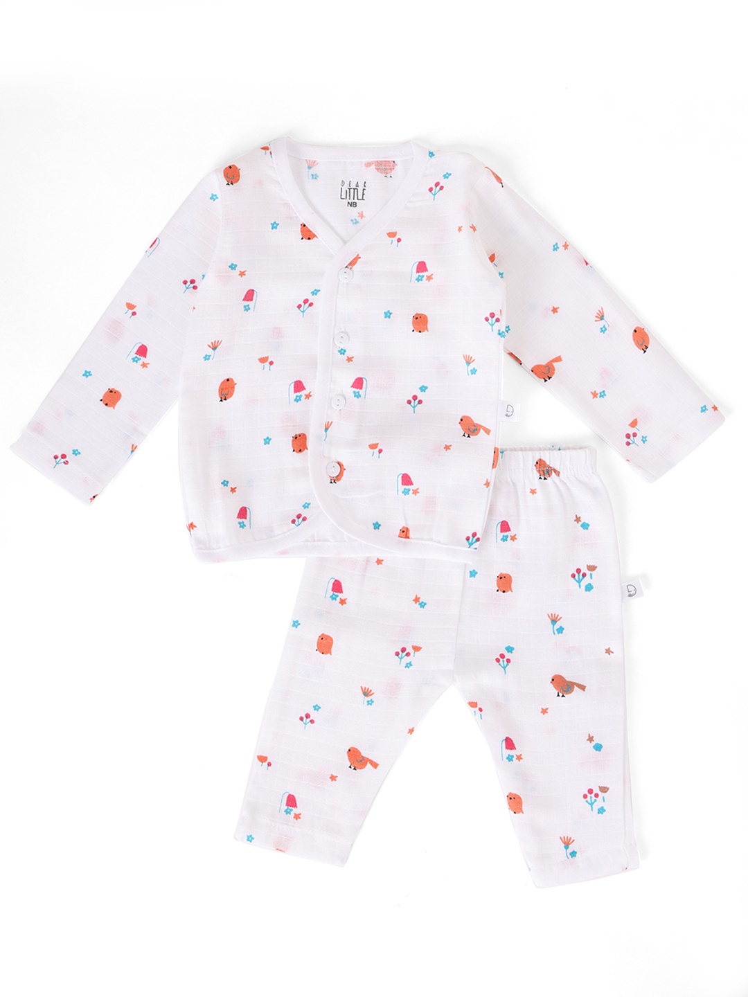 

Dear Little Kids Printed V-Neck Long Sleeves Pure Cotton Night Suit, White
