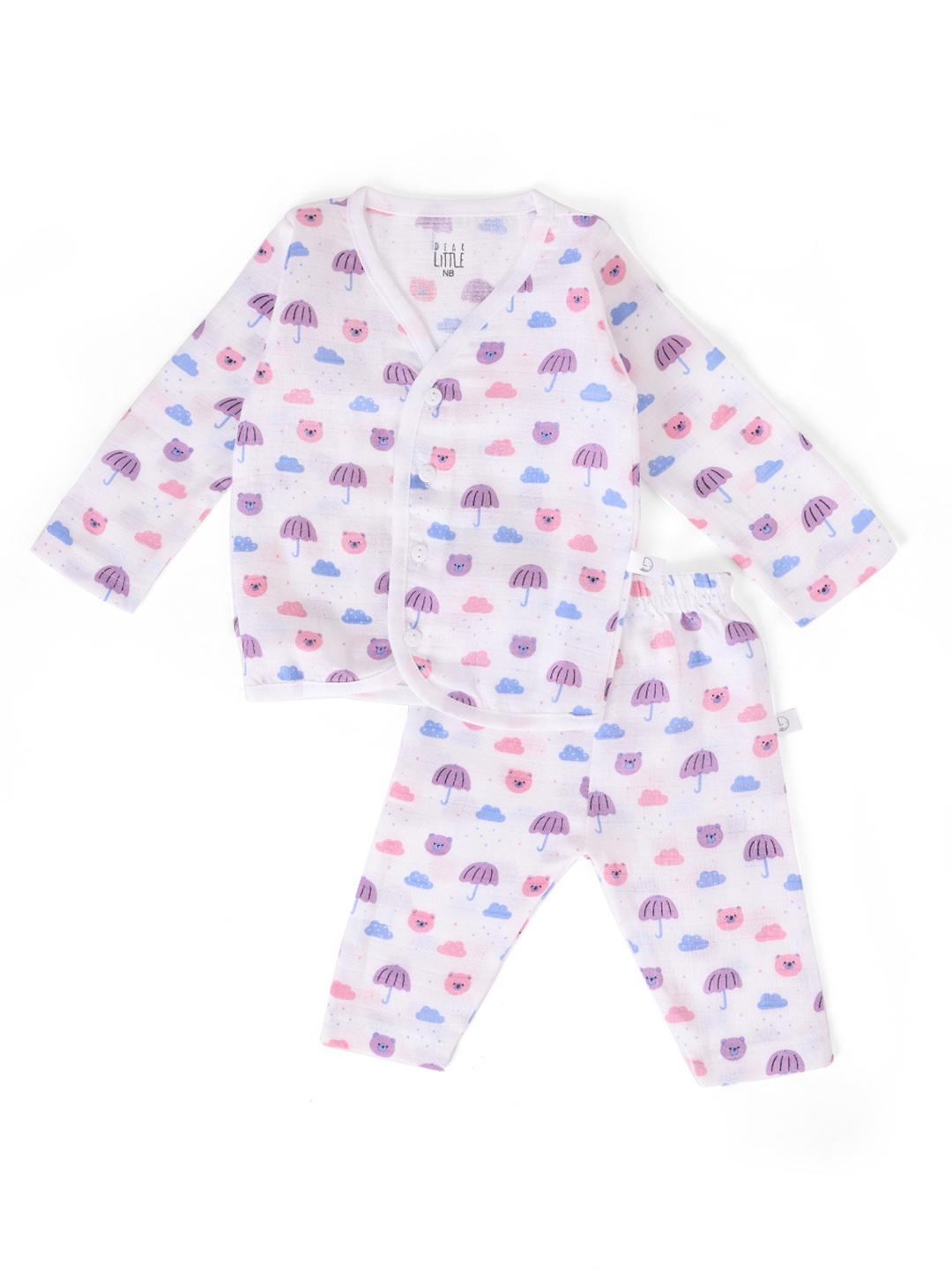 

Dear Little Kids Printed Long Sleeves Pure Cotton Jhabla With Pyjama, White