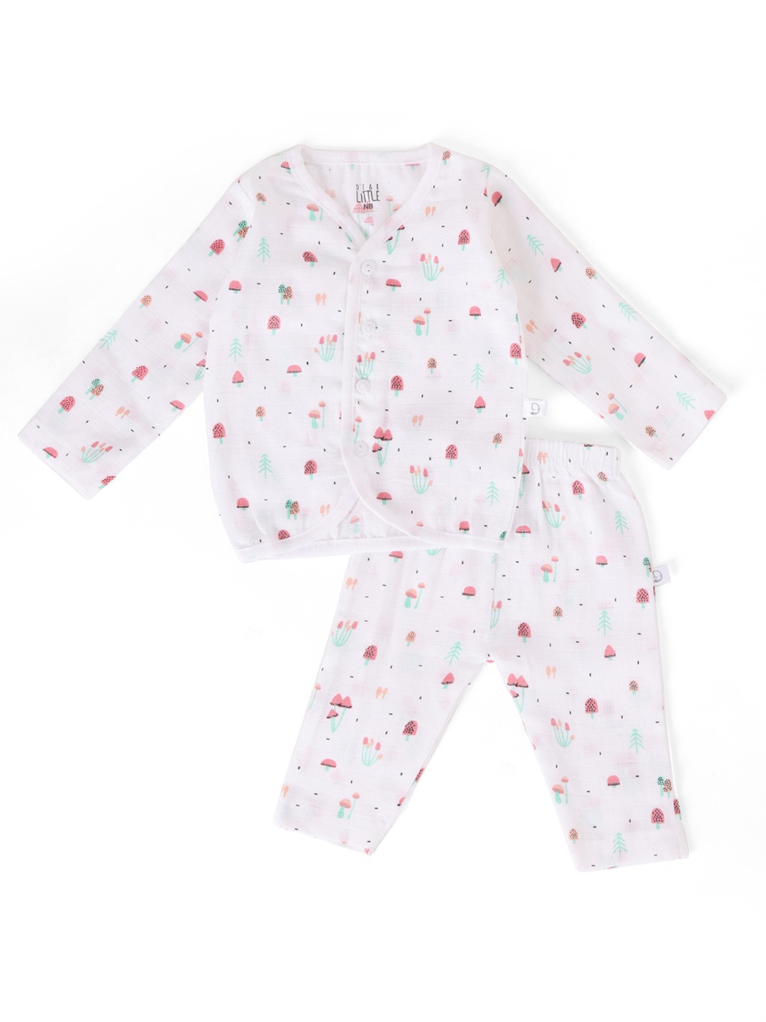

Dear Little Kids Printed V-Neck Long Sleeves Pure Cotton Jhabla With Pyjamas, White