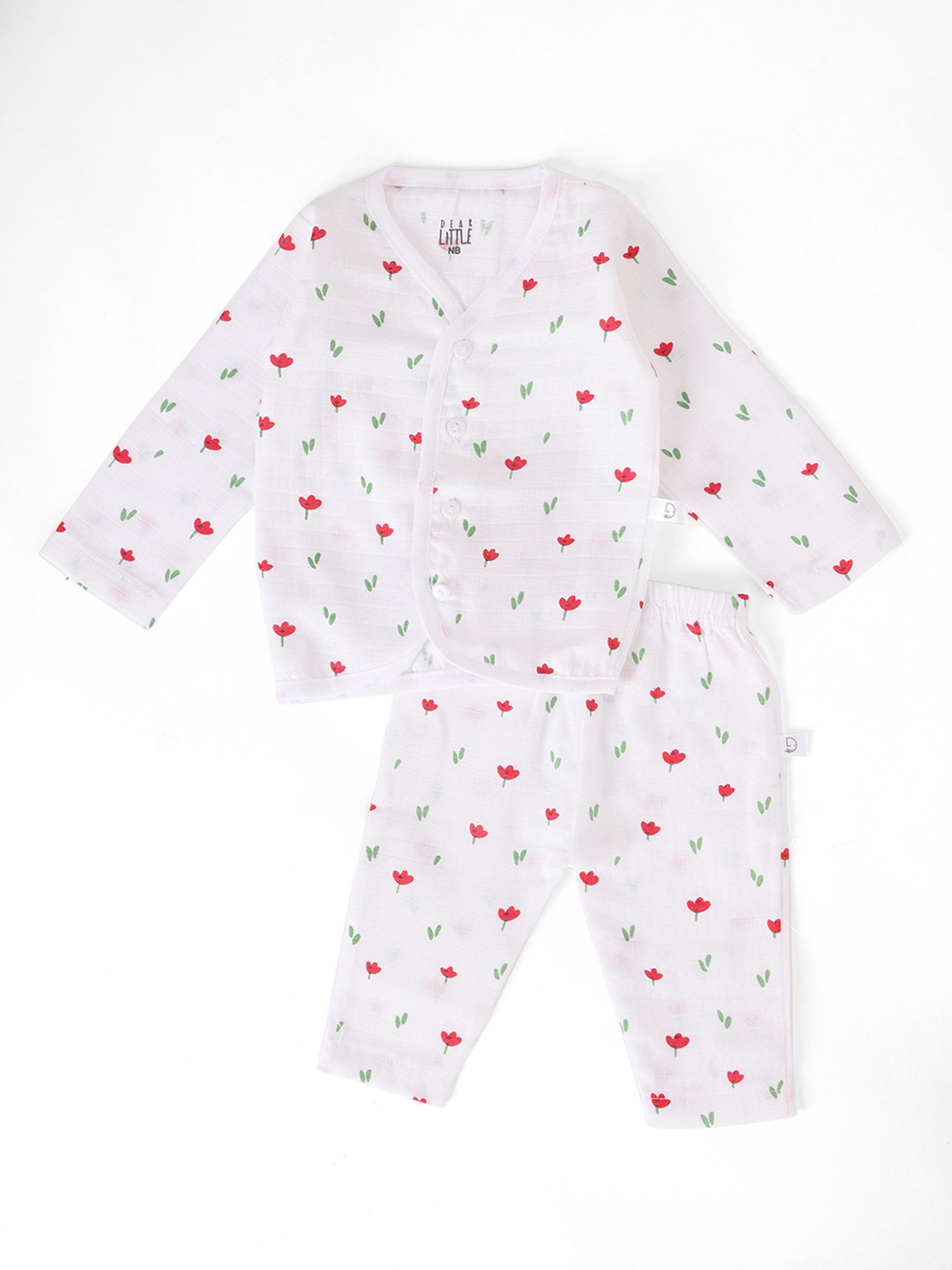 

Dear Little Kids Floral Printed V-Neck Long Sleeves Pure Cotton Jhabla With Pyjamas, White