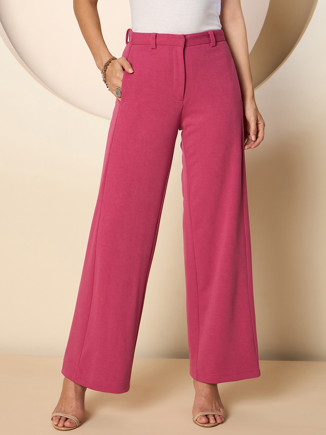 

Antheaa Women Smart Straight Fit High-Rise stretchable Trousers, Pink