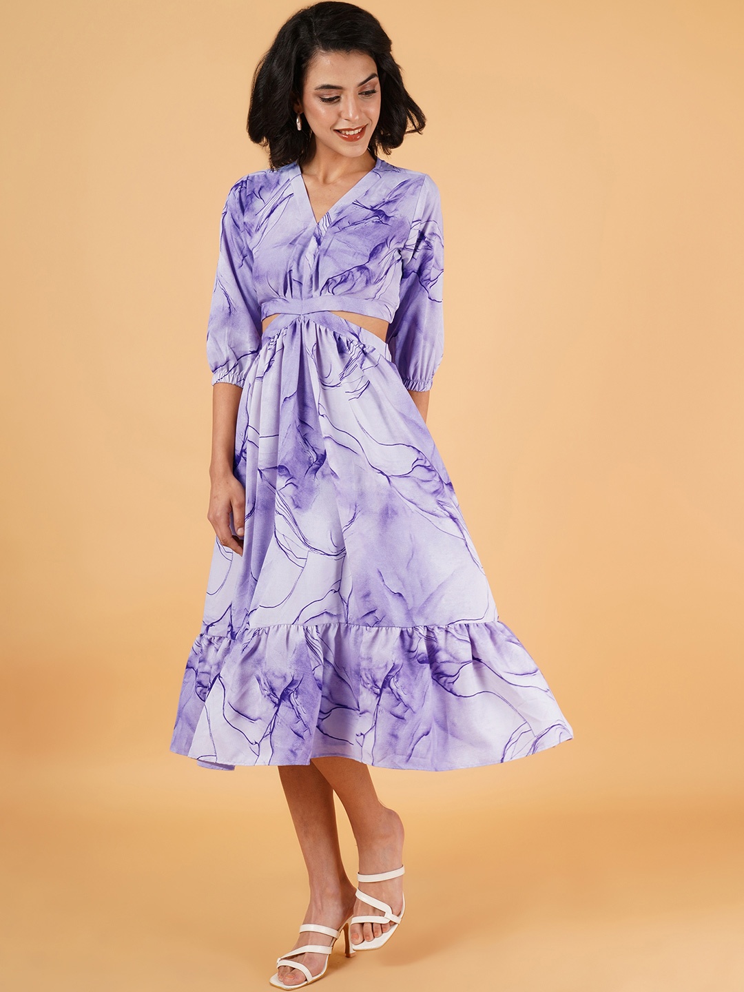 

ZWERLON Floral Printed Cut-Outs Detail Fit & Flare Midi Dress, Lavender