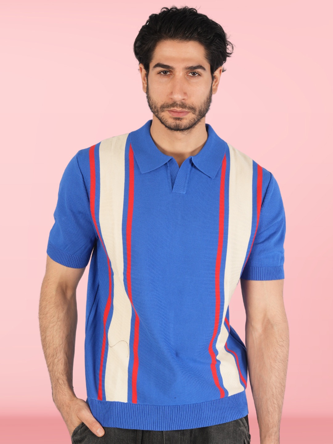 

BOTABOCHI Men Colourblocked Polo Collar Applique T-shirt, Blue