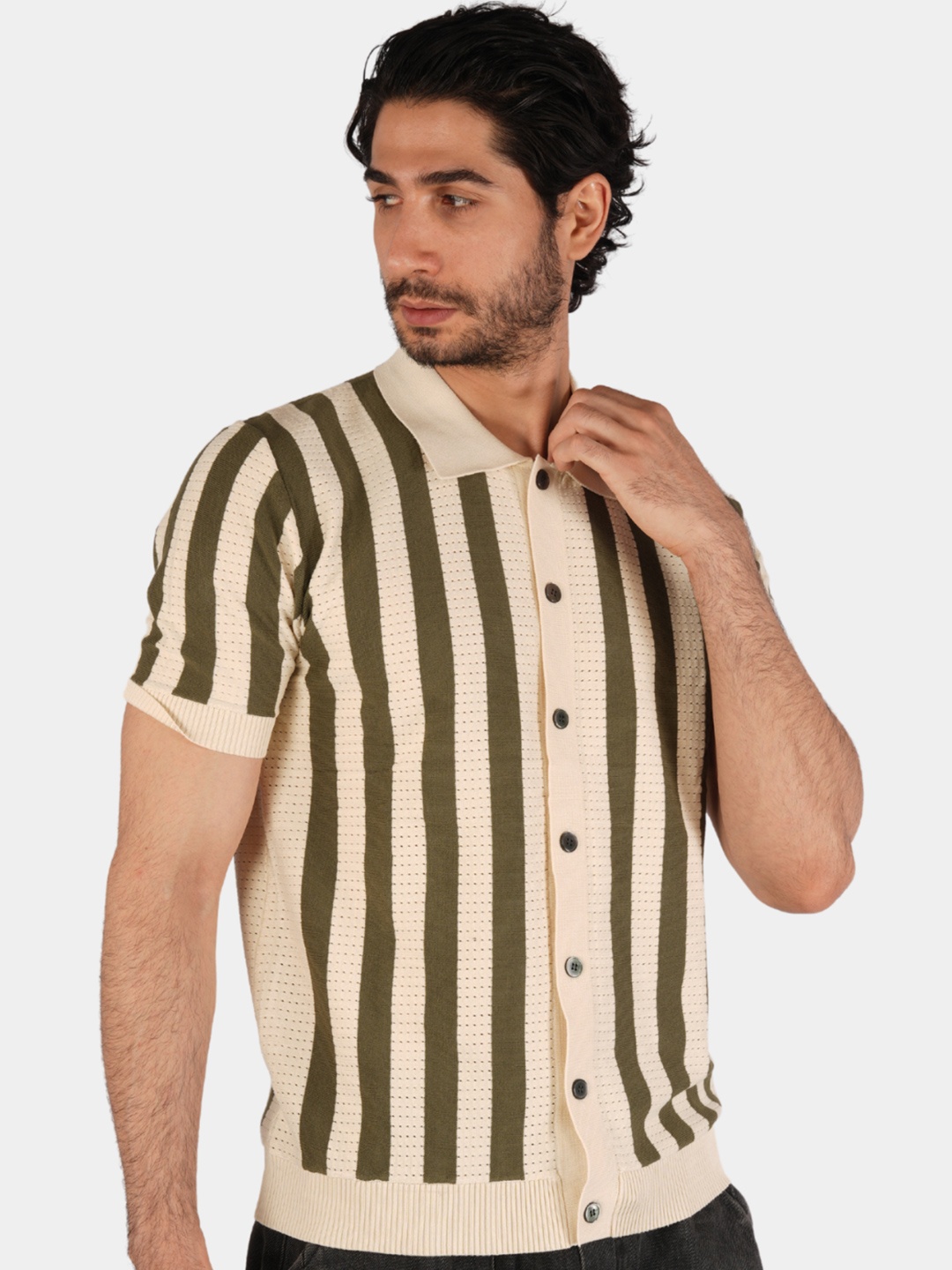 

BOTABOCHI Men Striped Polo Collar Pockets T-shirt, Olive