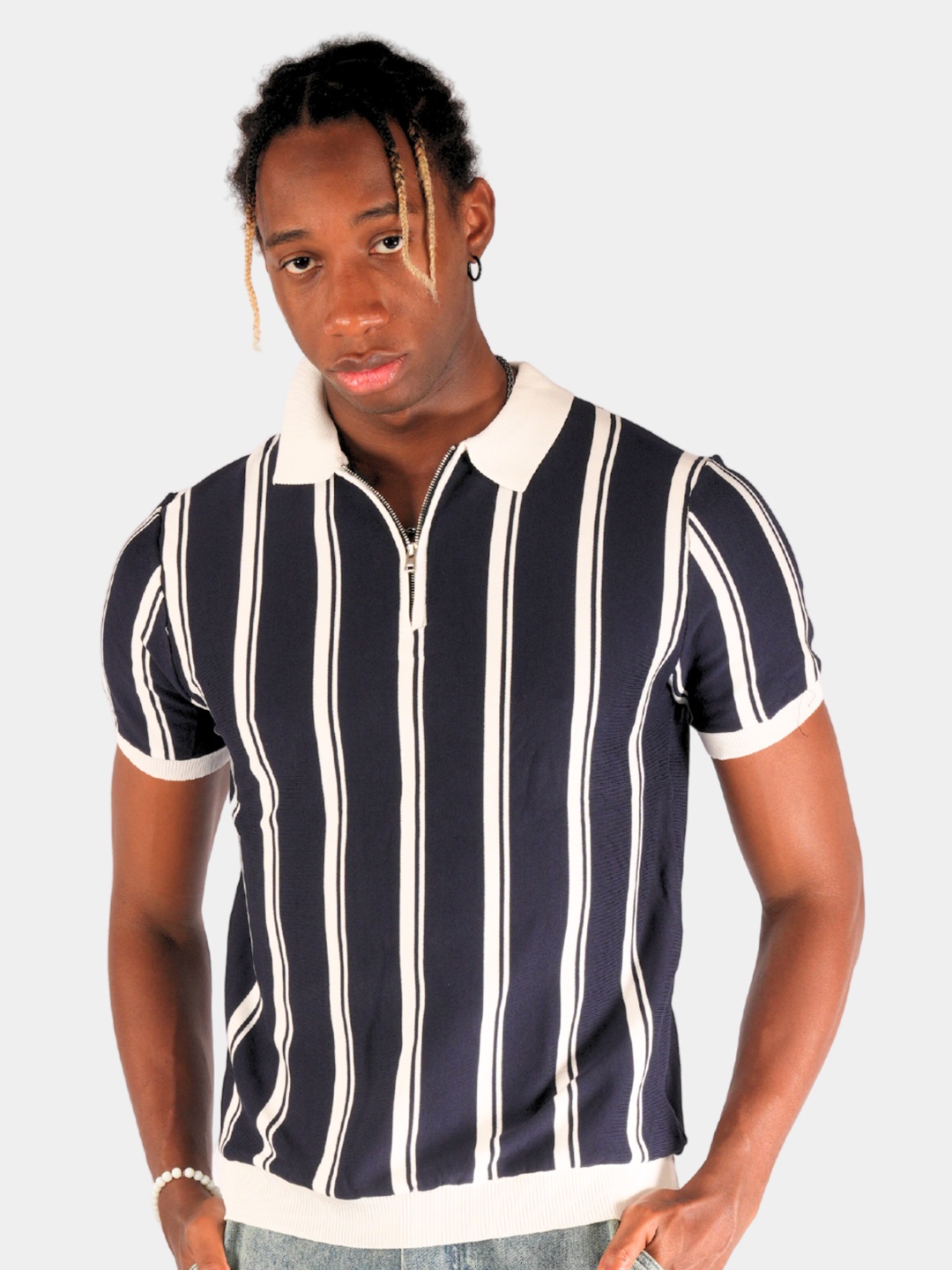 

BOTABOCHI Men Striped Polo Collar Extended Sleeves Pockets T-shirt, Navy blue