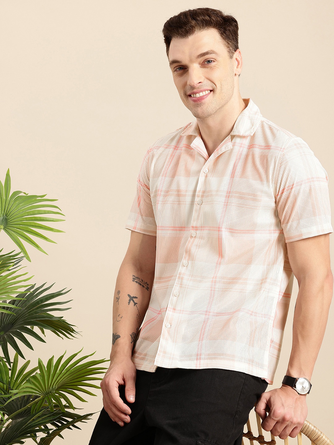 

Mast & Harbour Checked Relaxed Fit Casual Shirt, Peach