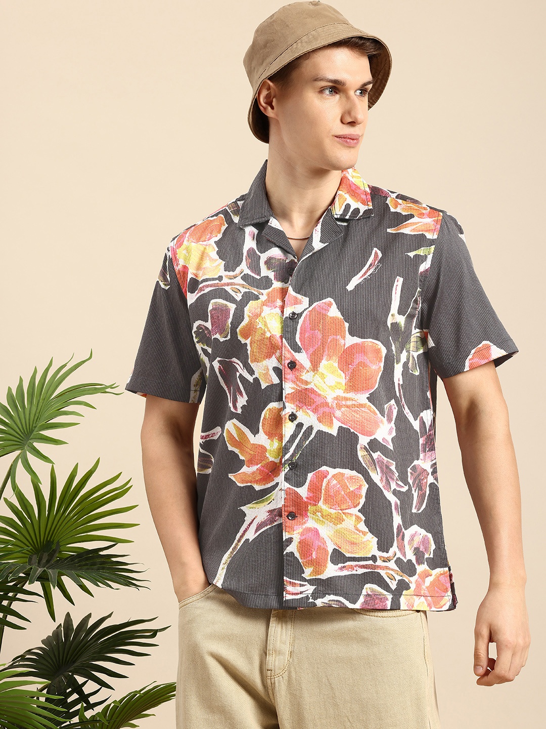 

Mast & Harbour Relaxed Fit Resort Collar Opaque Floral Printed Casual Shirt, Charcoal